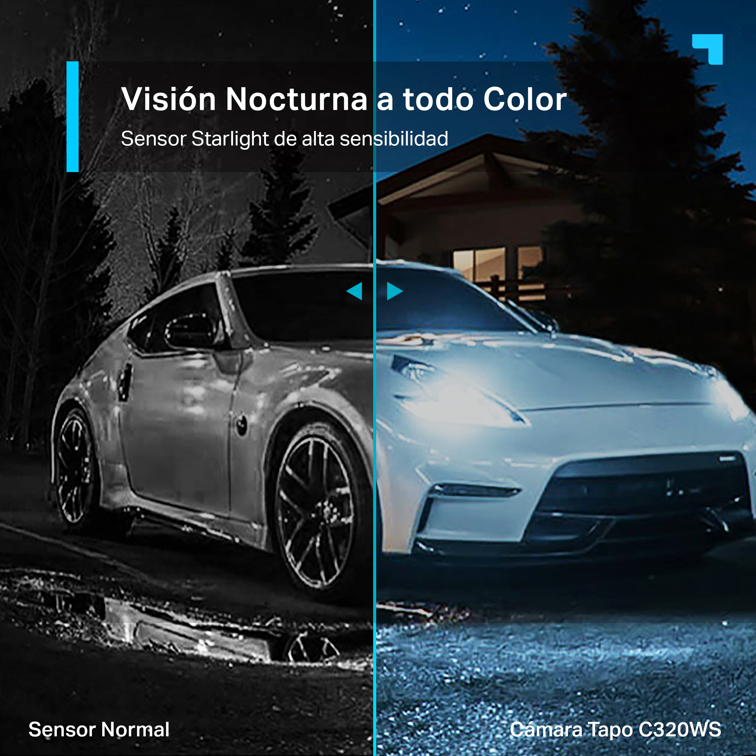 Una imagen dividida que muestra la diferencia entre la visión normal y la nocturna con un coche en una carretera.