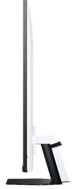 Ein Computermonitor von der Seite, weißer Rahmen und schwarzer Sockel.
