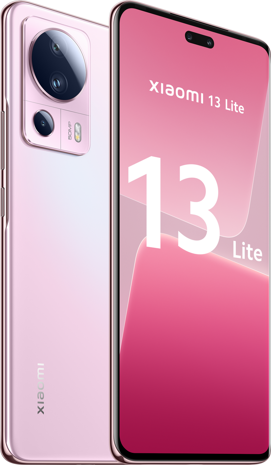 Smartphone Xiaomi 13 Lite rosa, en ángulo, mostrando la parte trasera y la pantalla con el 13.