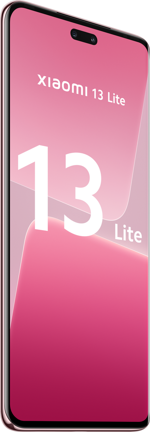 Smartphone rosa Xiaomi 13 Lite en vista diagonal. Fondo blanco con degradado rosa.