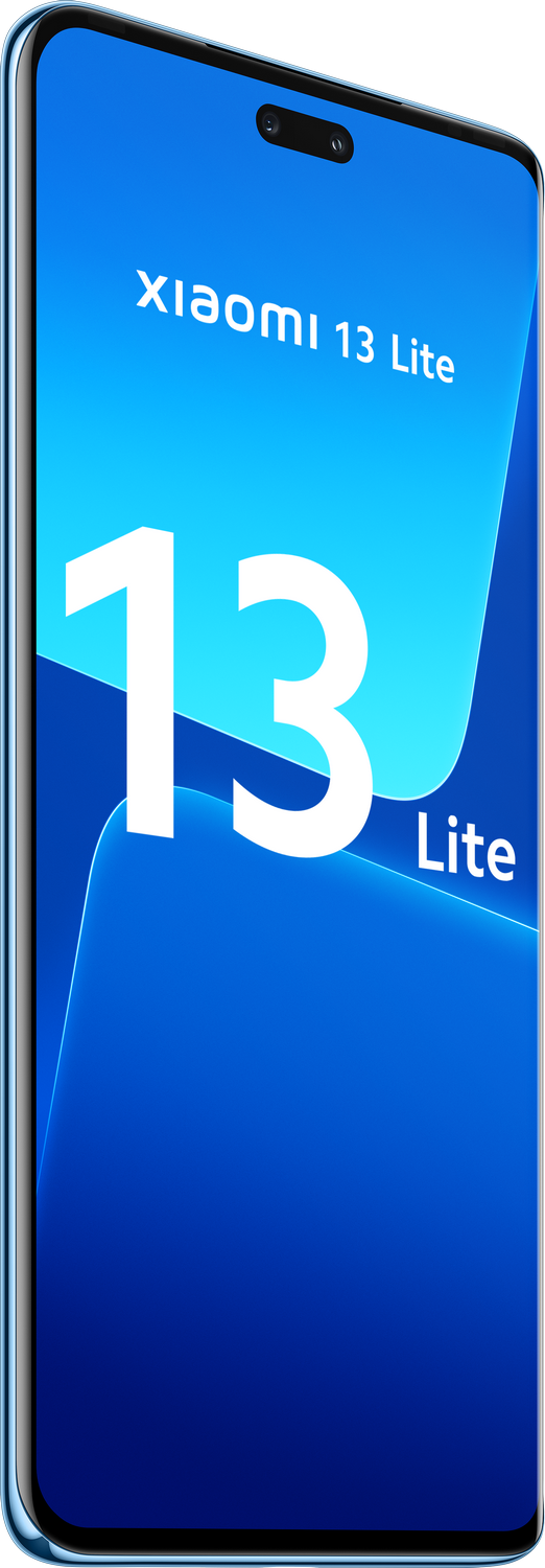 Teléfono Xiaomi 13 Lite azul sobre fondo blanco. El teléfono está en vista en ángulo.
