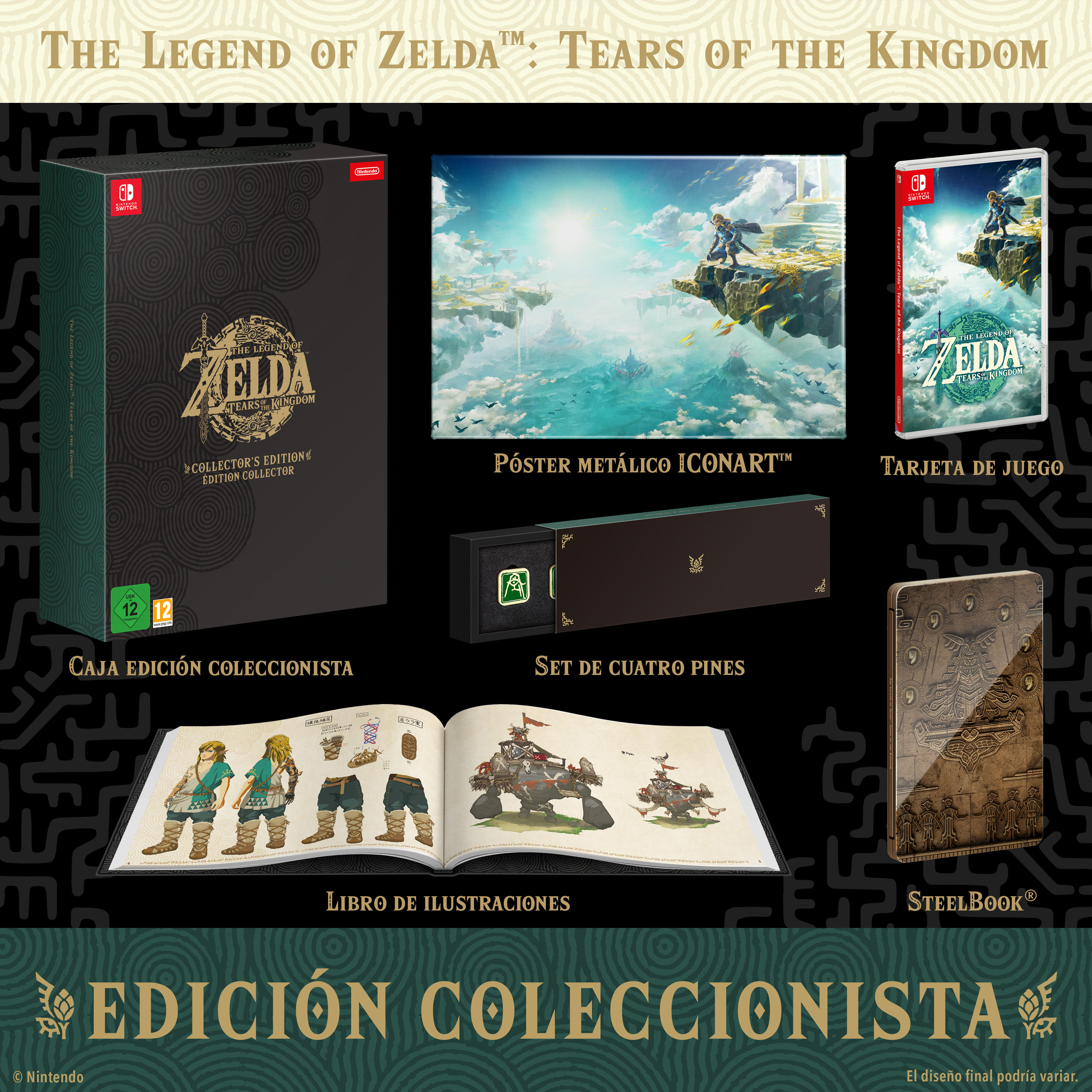 Contenido de la Edición Coleccionista de Zelda Tears of the Kingdom: caja, póster, tarjeta de juego, pines y libro.