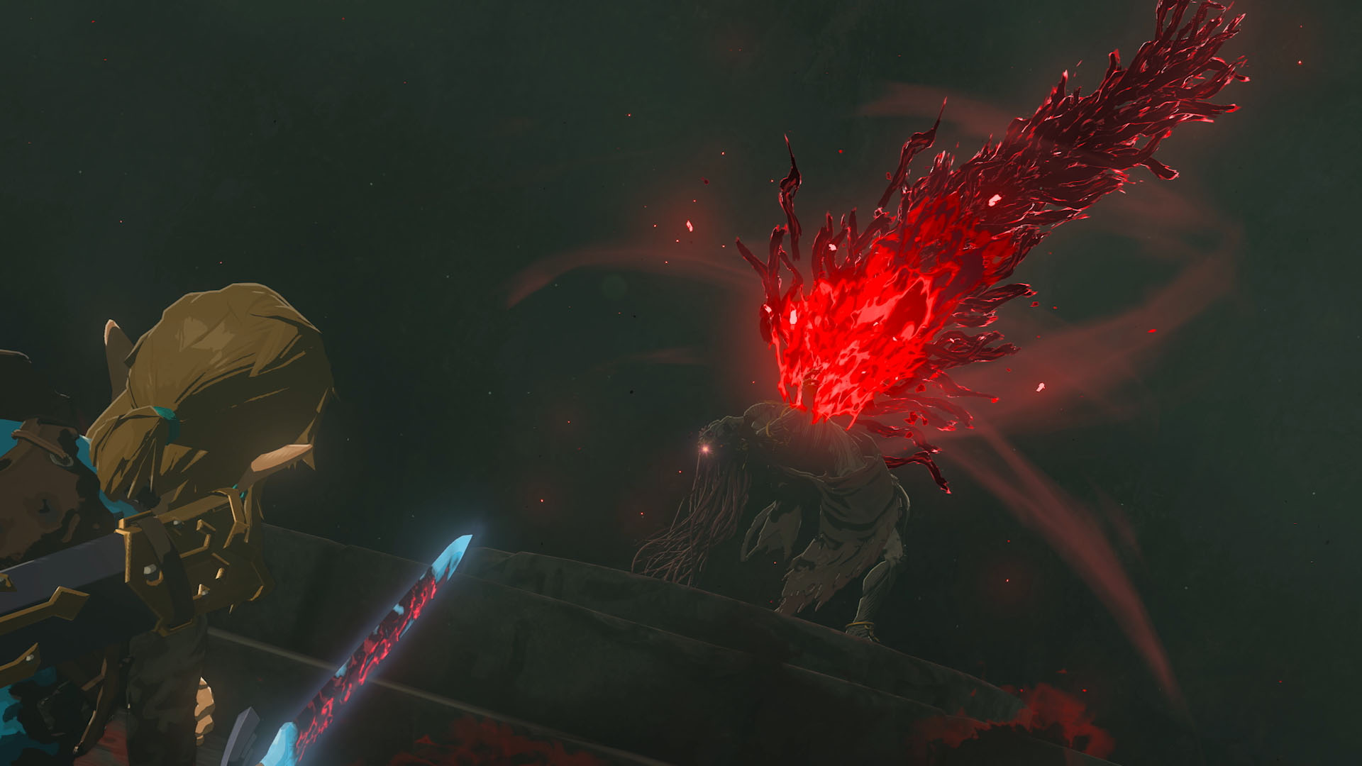 Escena de un videojuego con un personaje luchando contra una entidad roja y ardiente.