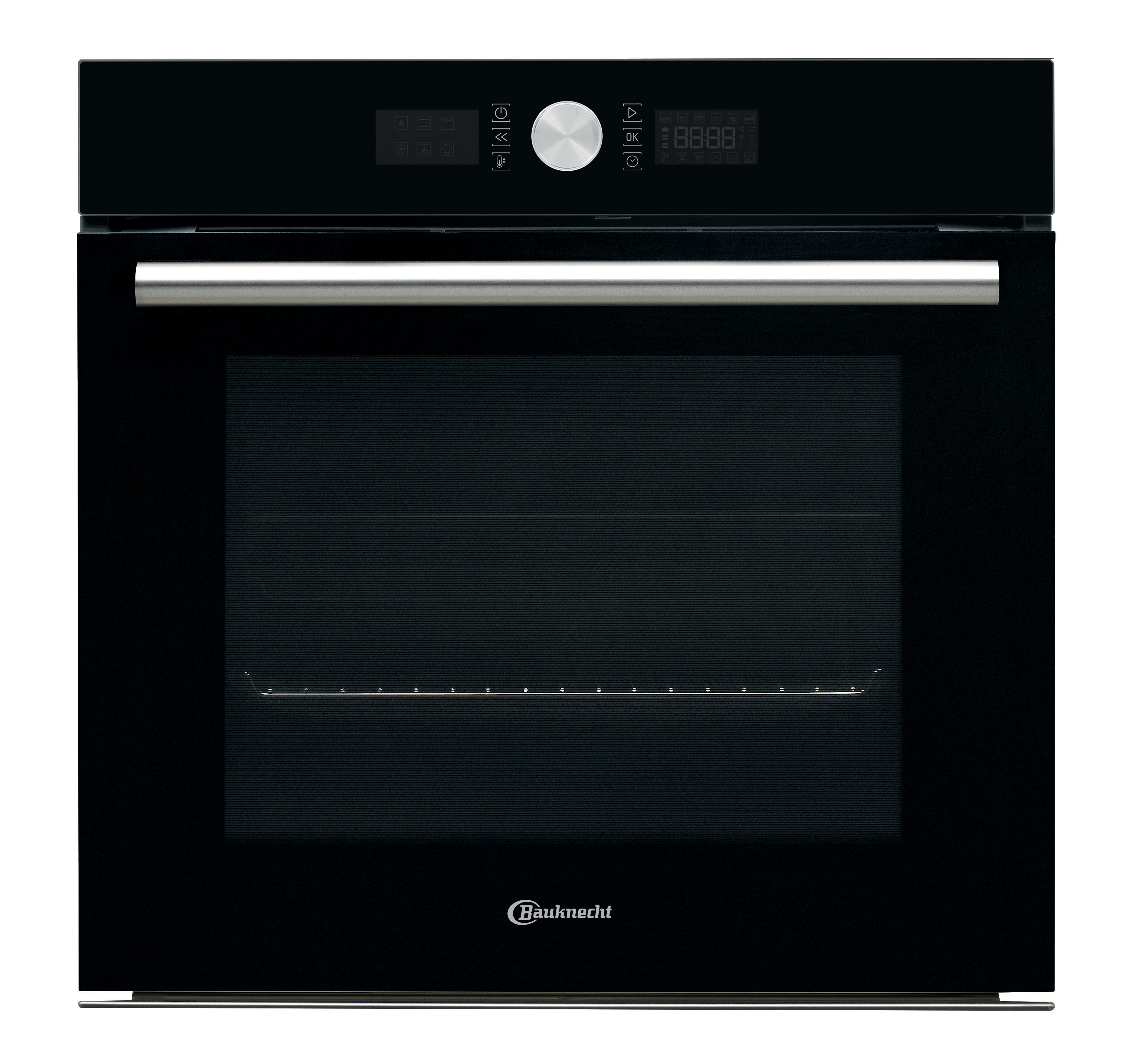 Schwarzer Einbauofen mit Bedienfeld oben und Glastür. Weißer Hintergrund.