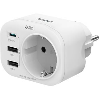 Adaptador de corriente - Hama 00223342, 4 entradas, 1 USB - C, 2 USB -A, 1 Contacto conexión a tierra, 20 W, Blanco