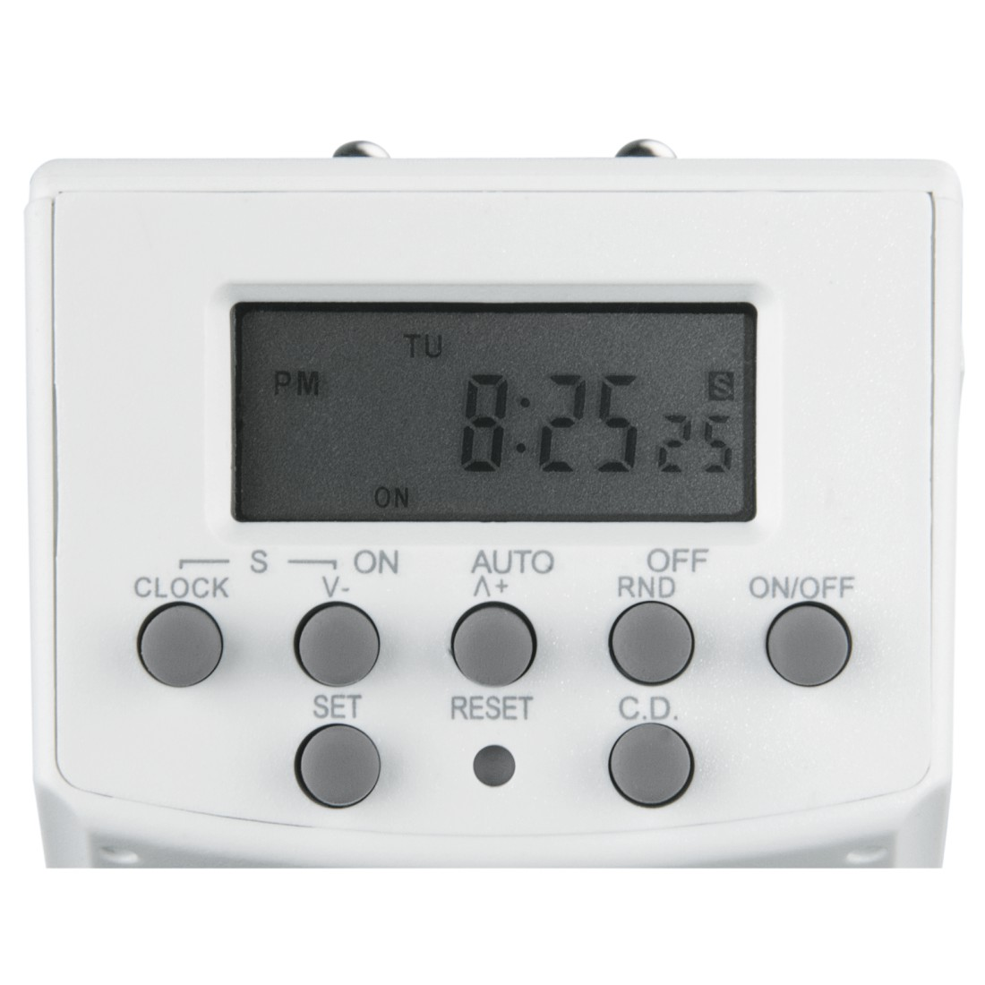 Primer plano de un temporizador digital blanco que muestra 8:25. Botones: Clock, Set, On, Reset, Off y On/Off.