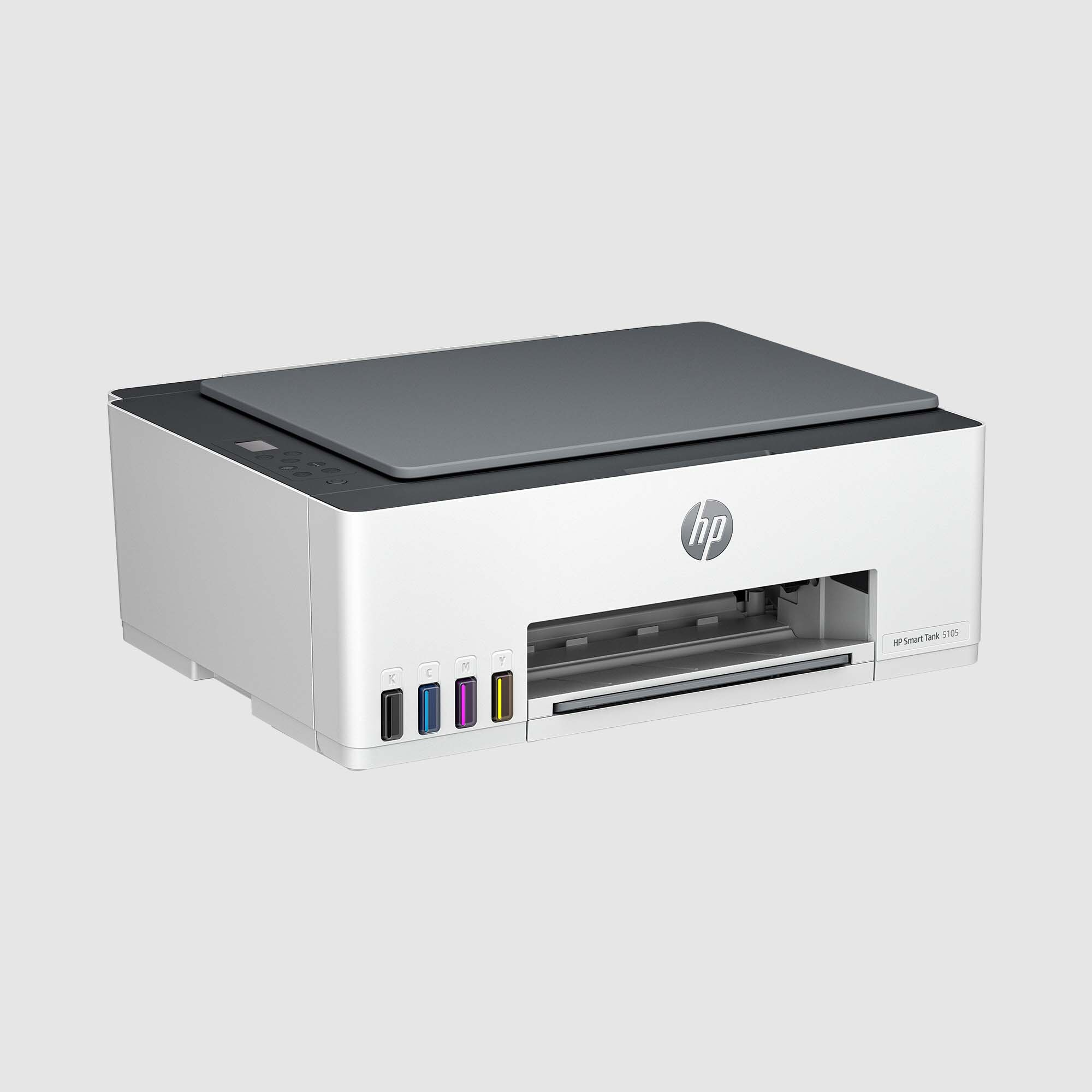 Ein weißer und grauer HP Smart Tank 515 Drucker auf hellgrauem Hintergrund.