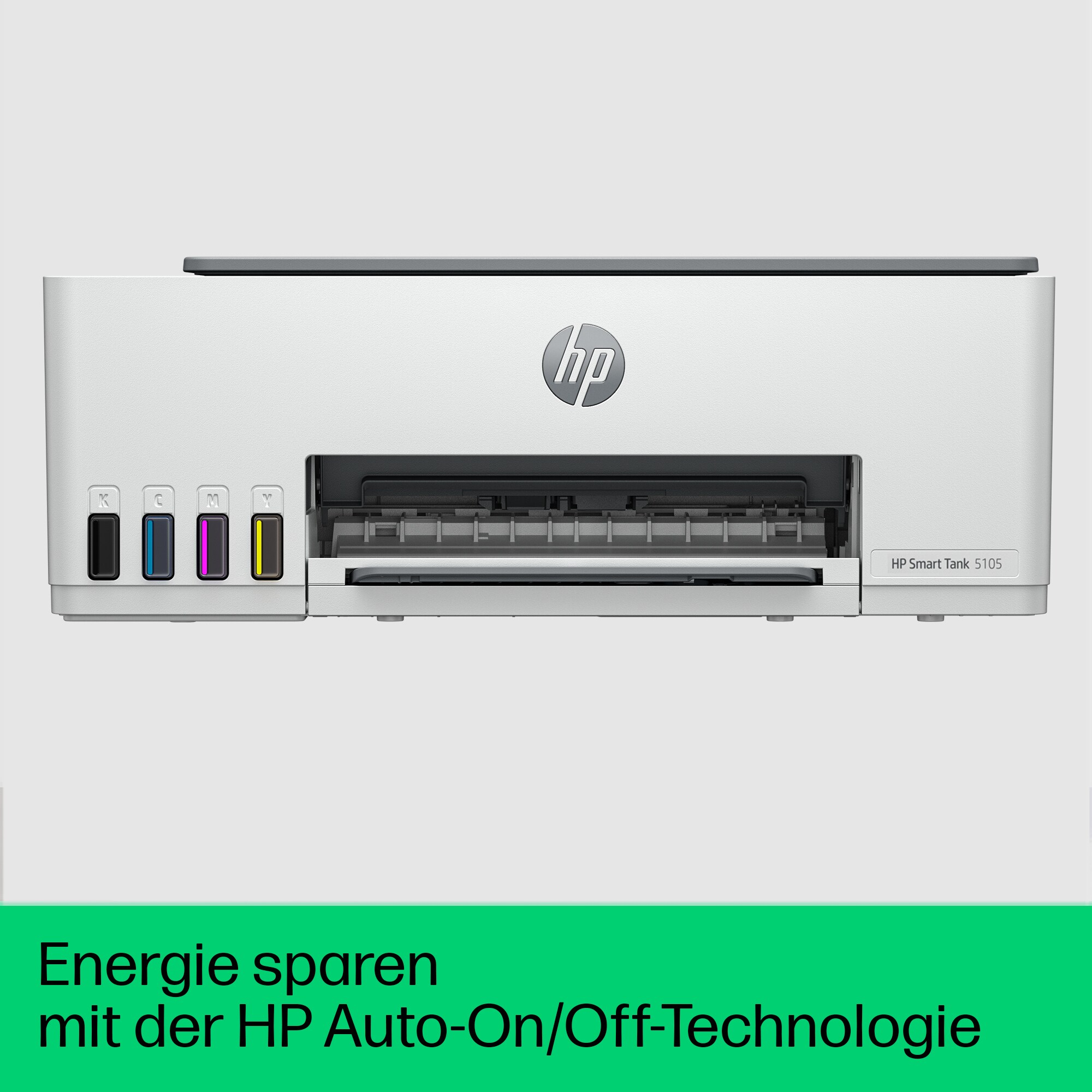 Ein weißer Drucker mit Tintenpatronen, Text: „Energie sparen mit der HP Auto-On/Off-Technologie“.