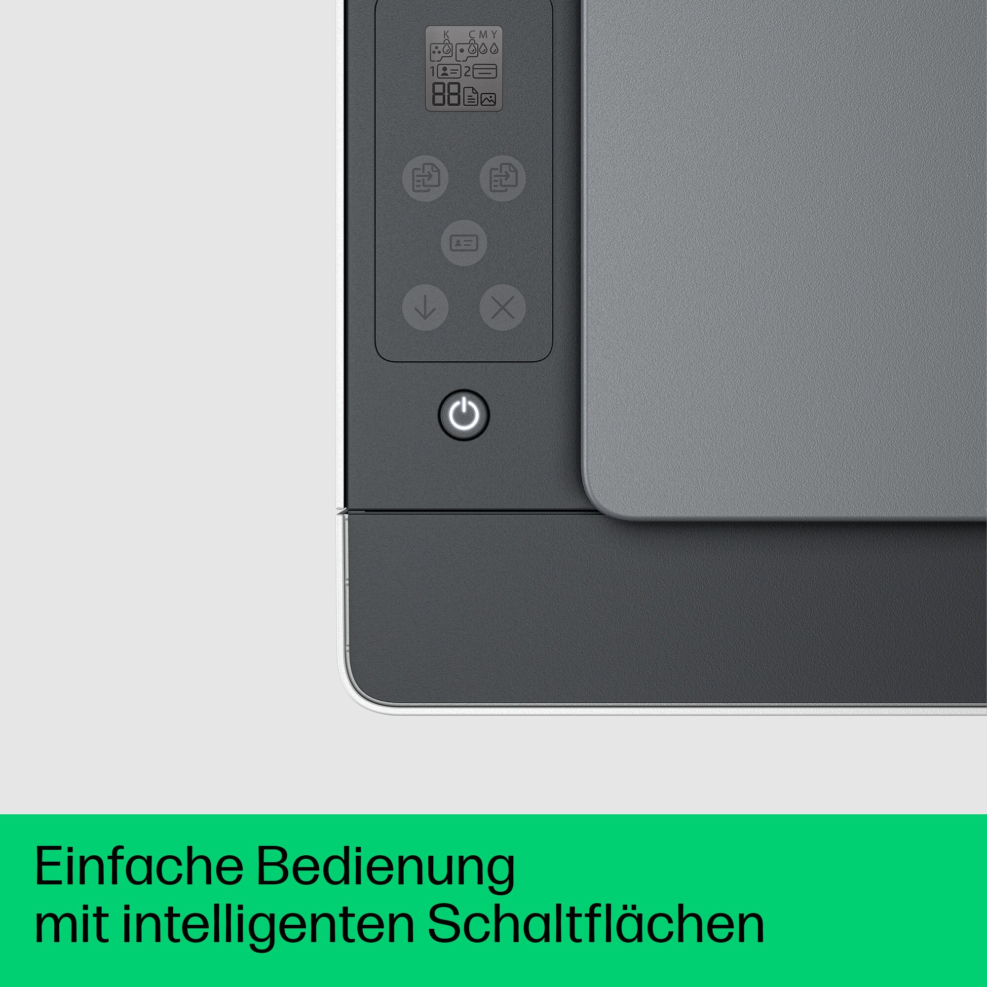 Das Bedienfeld eines Druckers mit Tasten und einem Bildschirm, darunter deutscher Text.