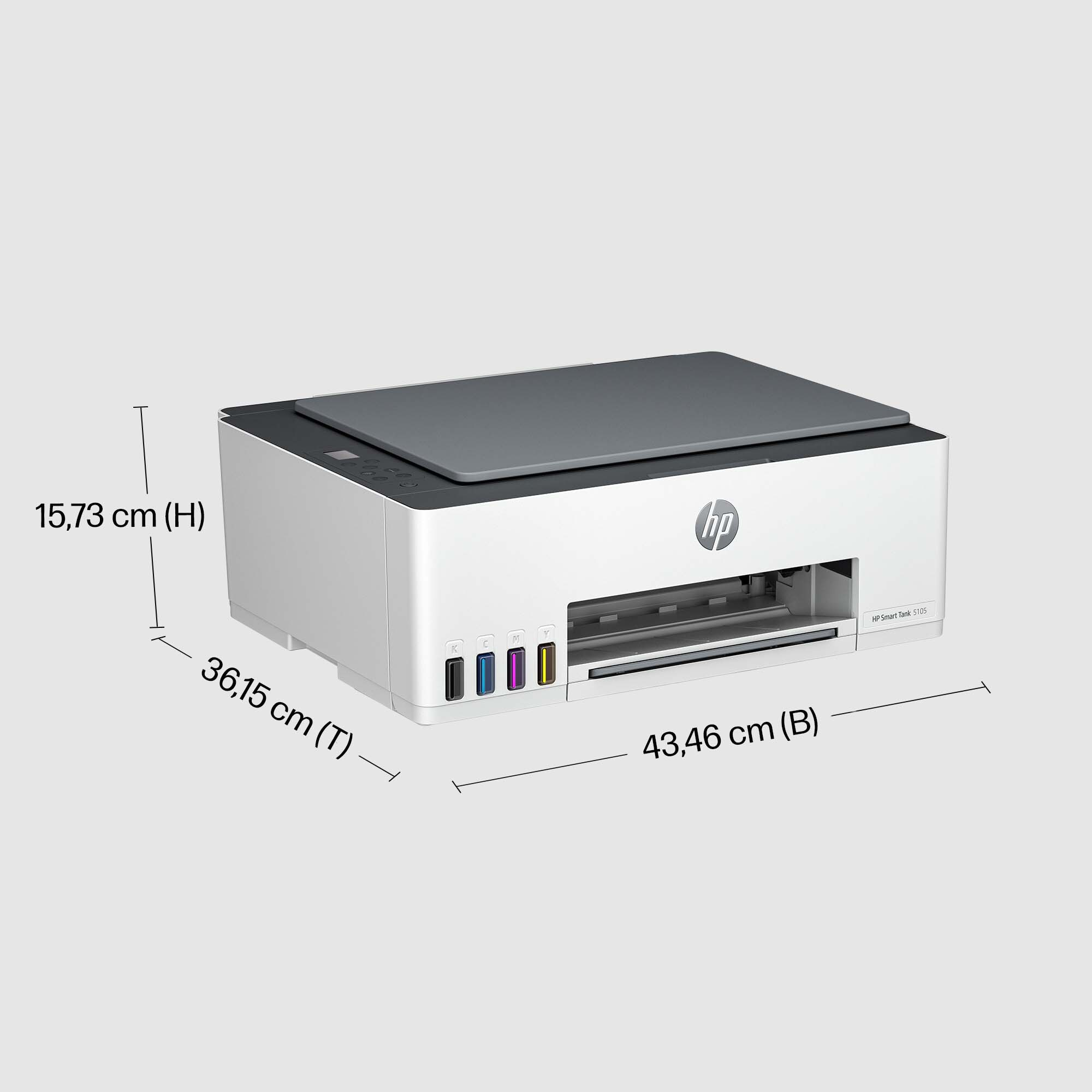 Weißer und grauer HP-Drucker mit beschrifteten Abmessungen. Er hat eine graue Oberseite und farbige Tintenpatronen.
