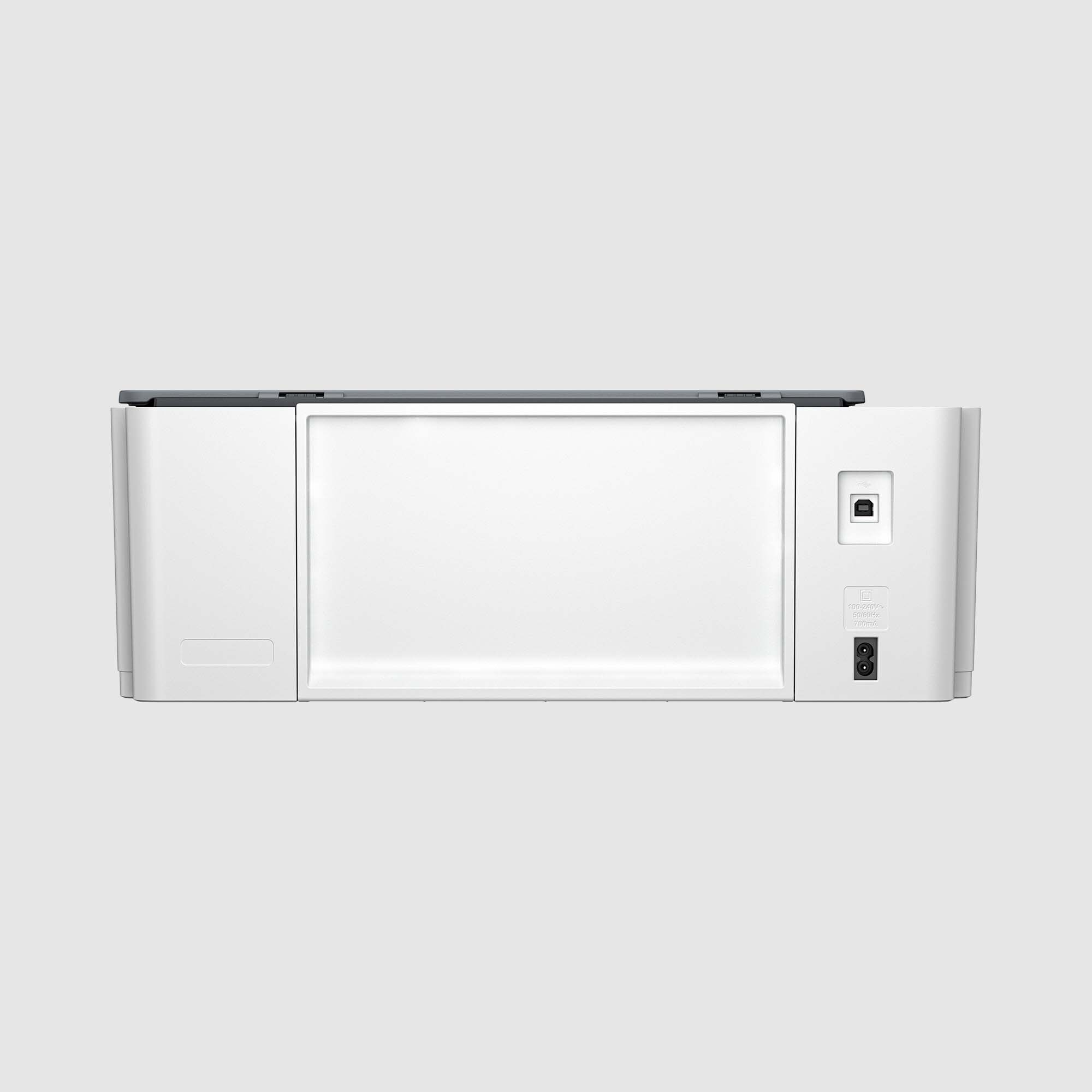 Weißer Drucker, Rückansicht. Zeigt den Stromeingang und den USB-Anschluss.