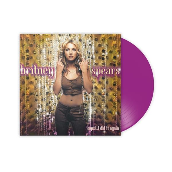 Album borító: Britney Spears crop topban. Lila bakelit lemez az oldalon. 'Oops!...I Did It Again'.