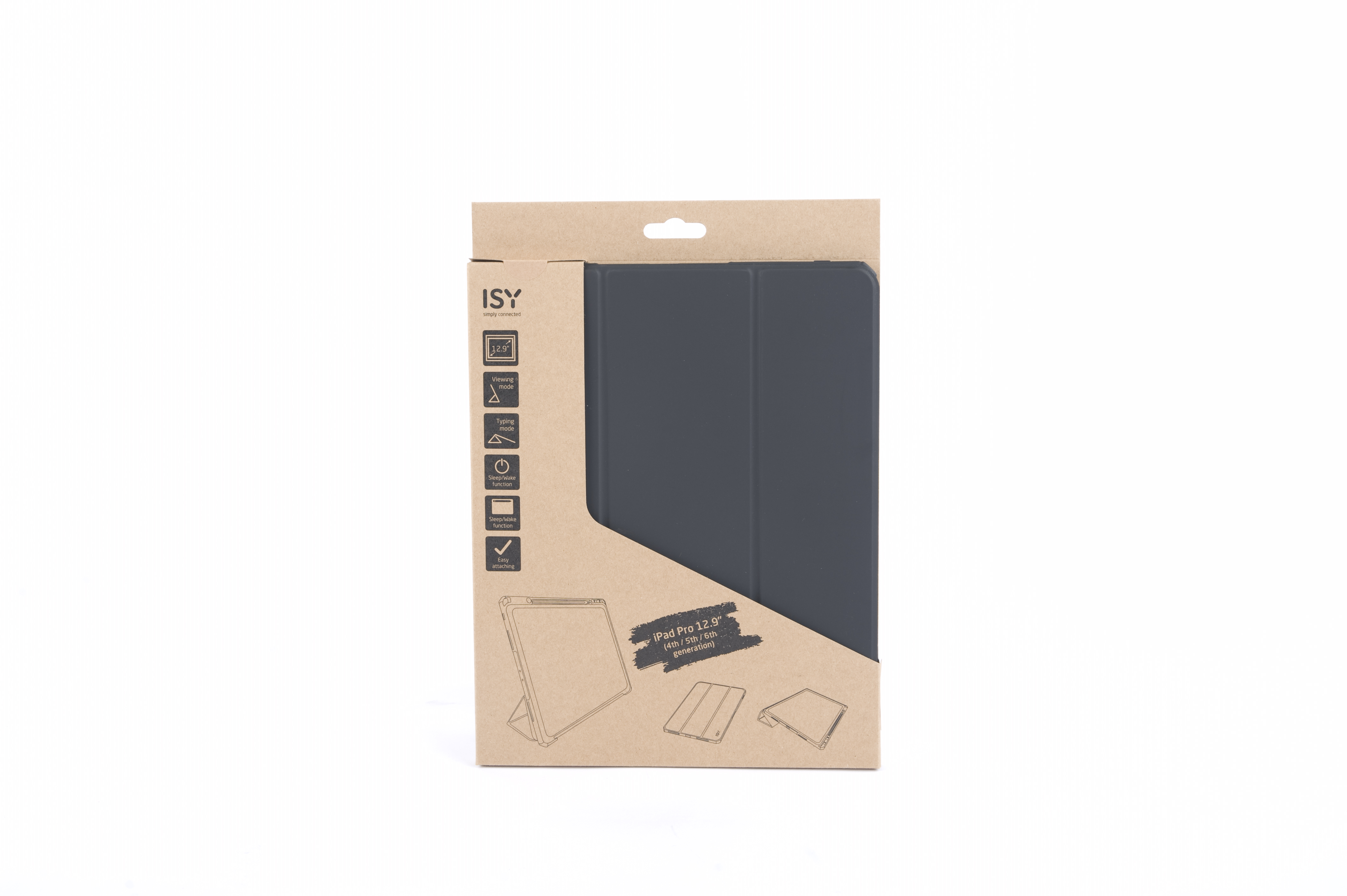 Tablethüllenverpackung. Die Box ist braun mit dem Produktnamen ISY.