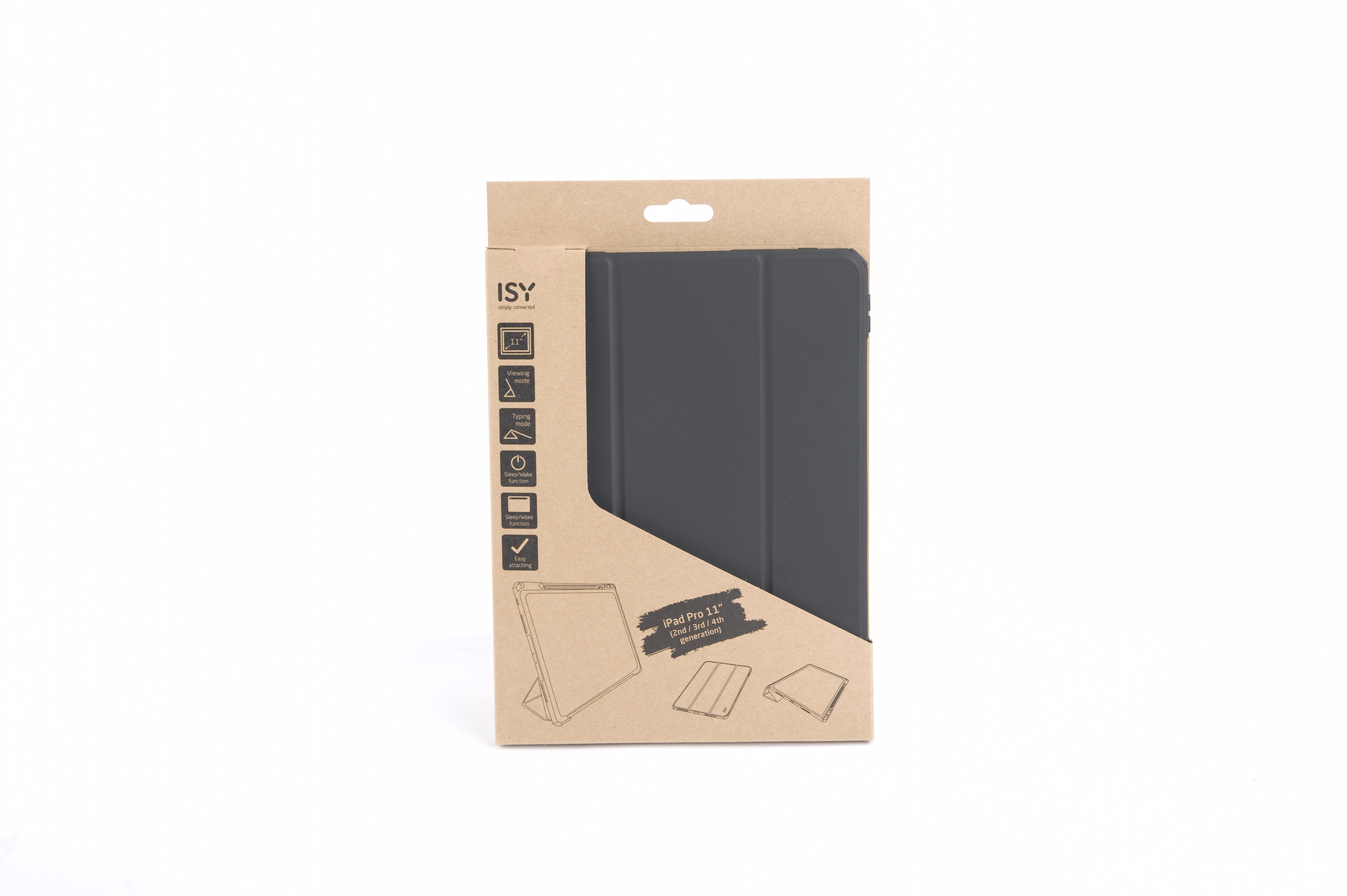 Eine dunkelgraue iPad Pro 11 Zoll Hülle in einer braunen Pappschachtel.
