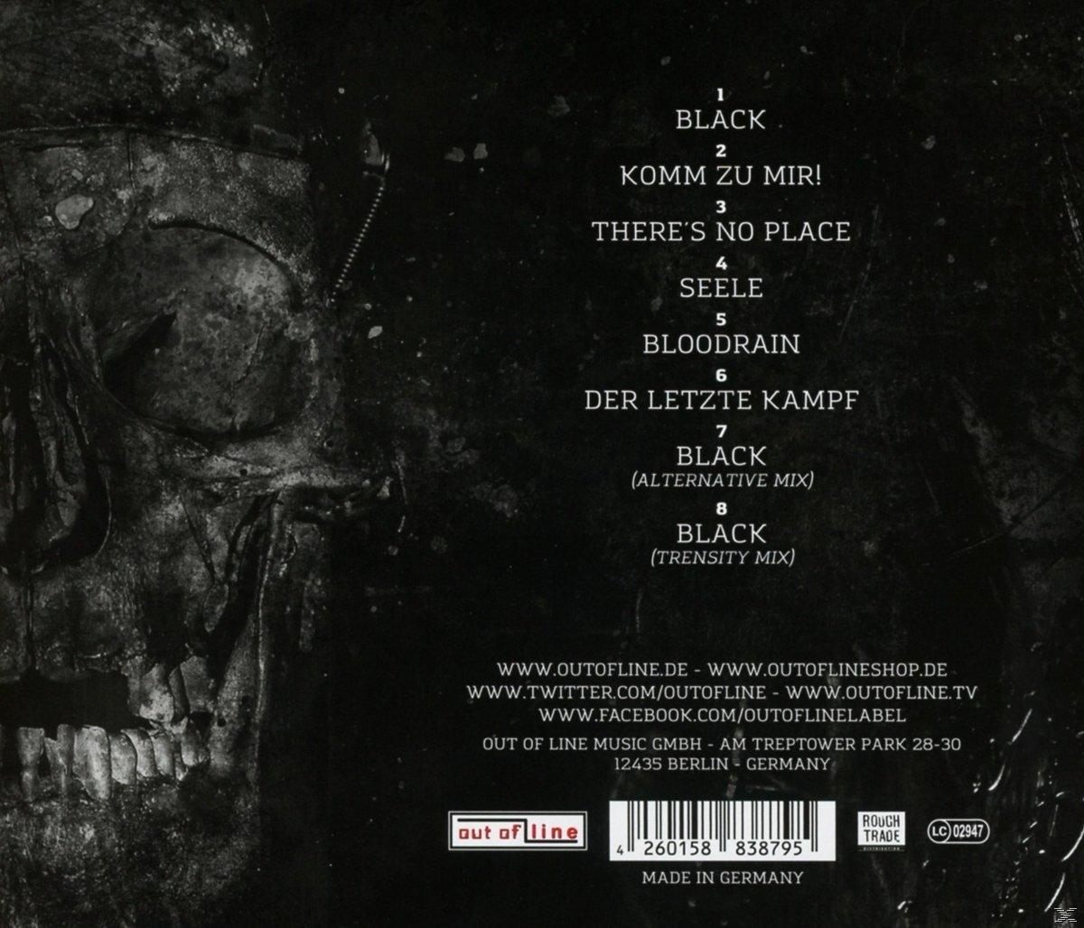 Album borító koponya képpel és számlistával. Szöveg németül: 'BLACK', 'KOMM ZU MIR!', stb.