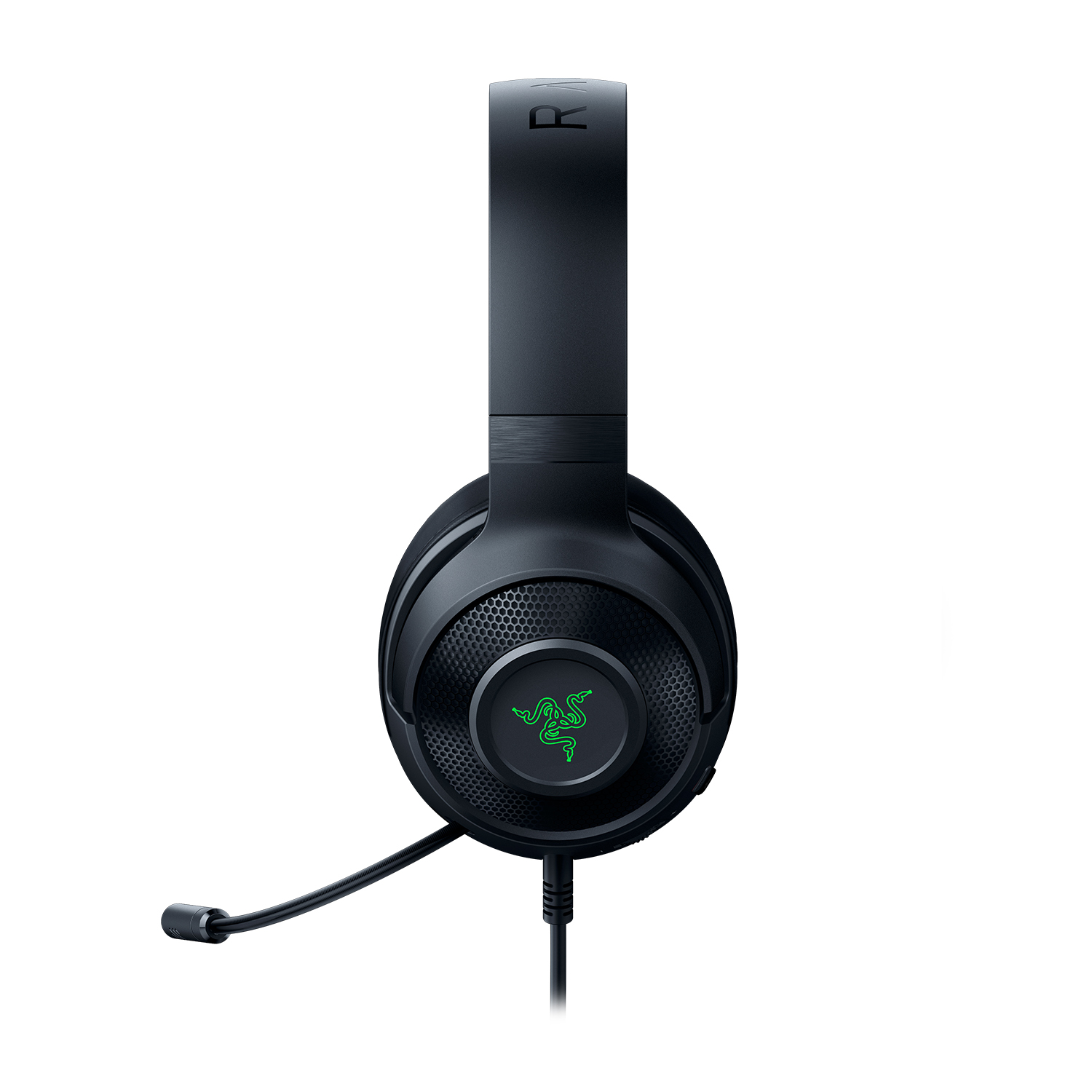 Cuffie da gaming Razer nere con microfono. Logo Razer sul padiglione. Sfondo bianco.