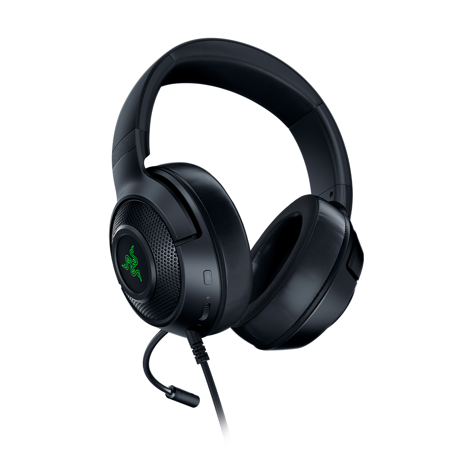 Cuffie da gioco Razer nere con microfono e logo Razer verde sul padiglione auricolare.
