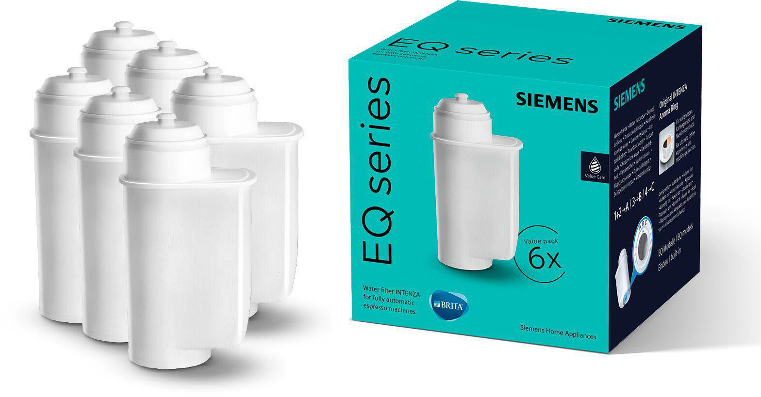 Eine Packung mit sechs weißen Wasserfiltern mit einer Filterbox, beschriftet mit 'EQ-Serie' und der Marke 'Siemens'.