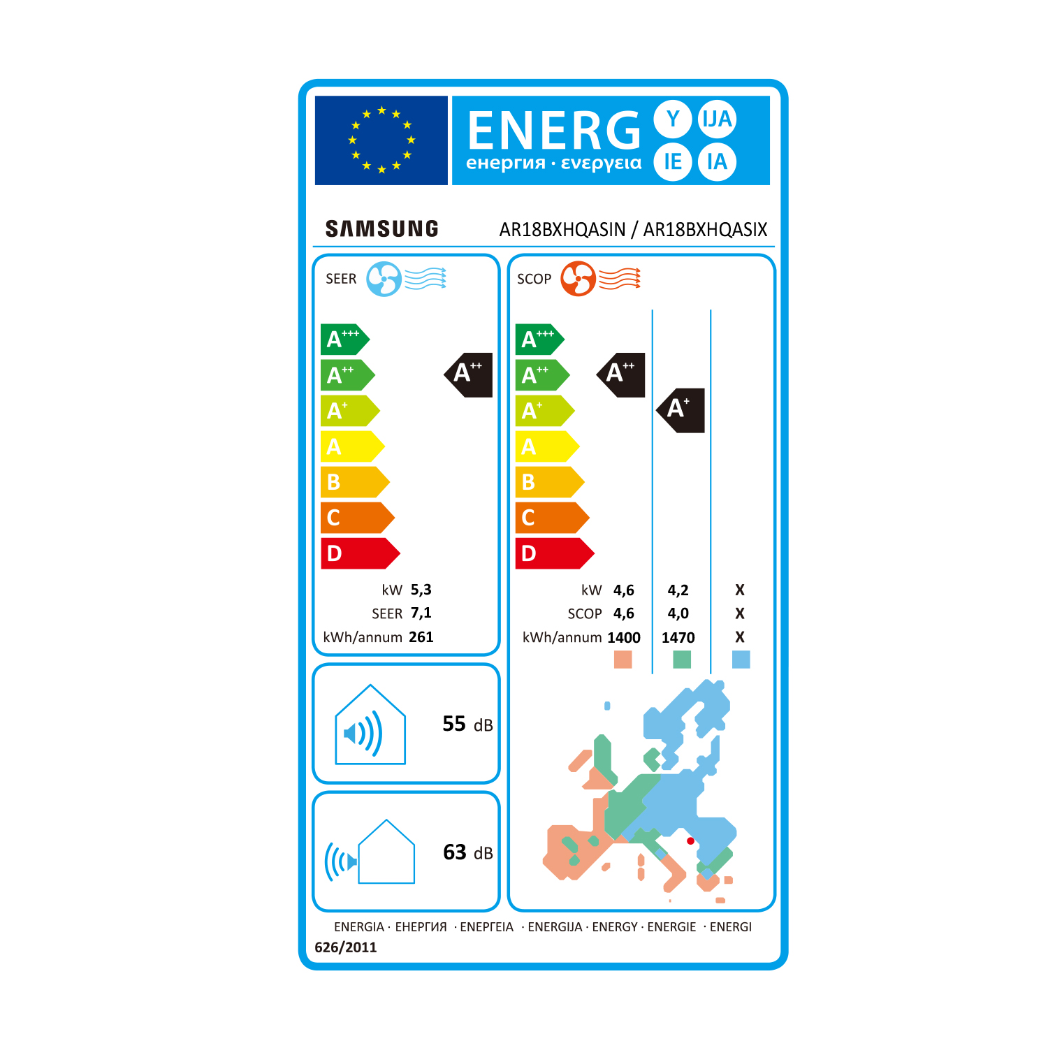 Etichetta di efficienza energetica con varie valutazioni e una mappa dell'Europa. Sfondo bianco.