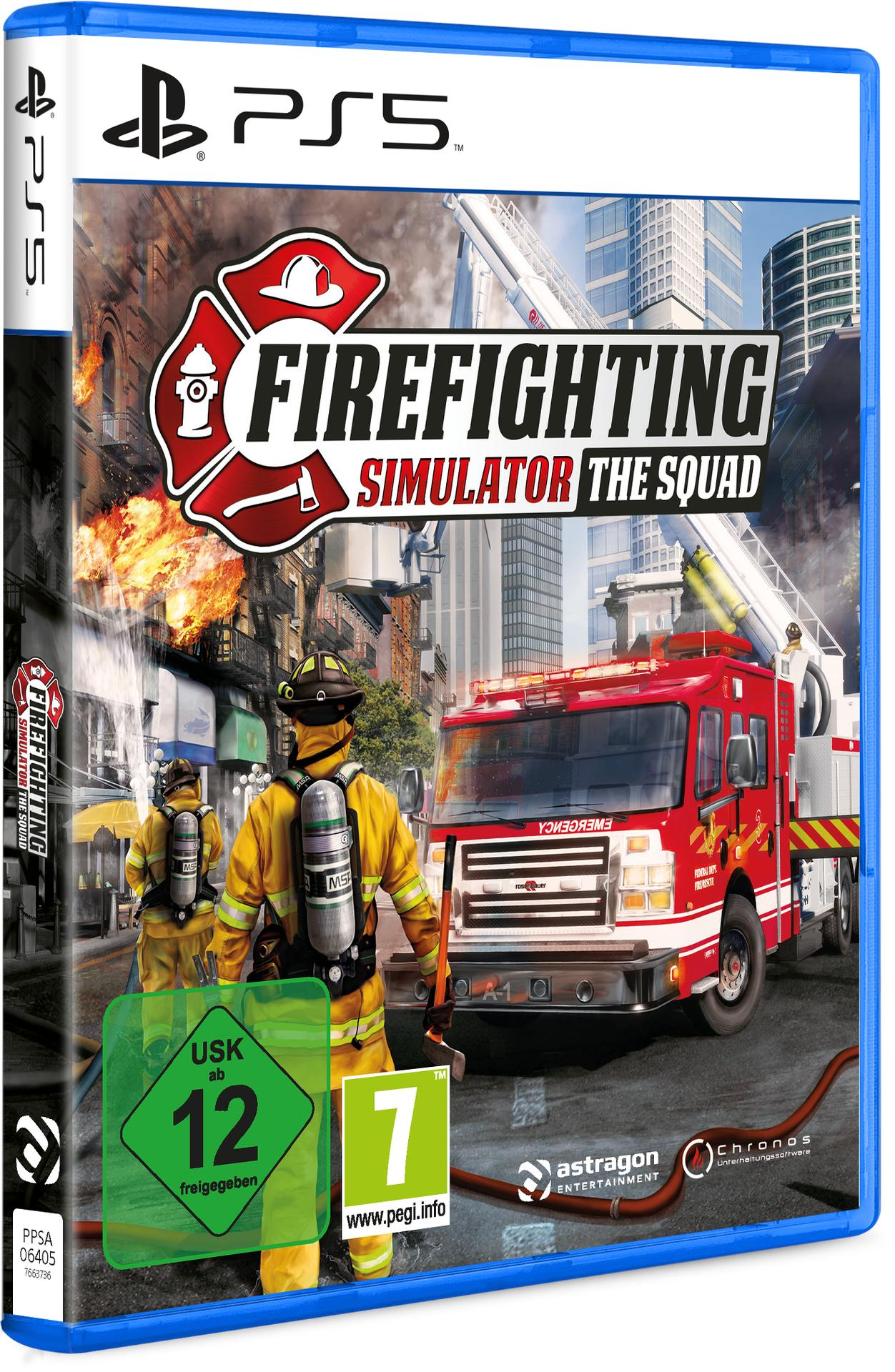Die Box des Spiels Firefighting Simulator für PS5. Ein Feuerwehrauto und Feuerwehrleute sind auf dem Cover.