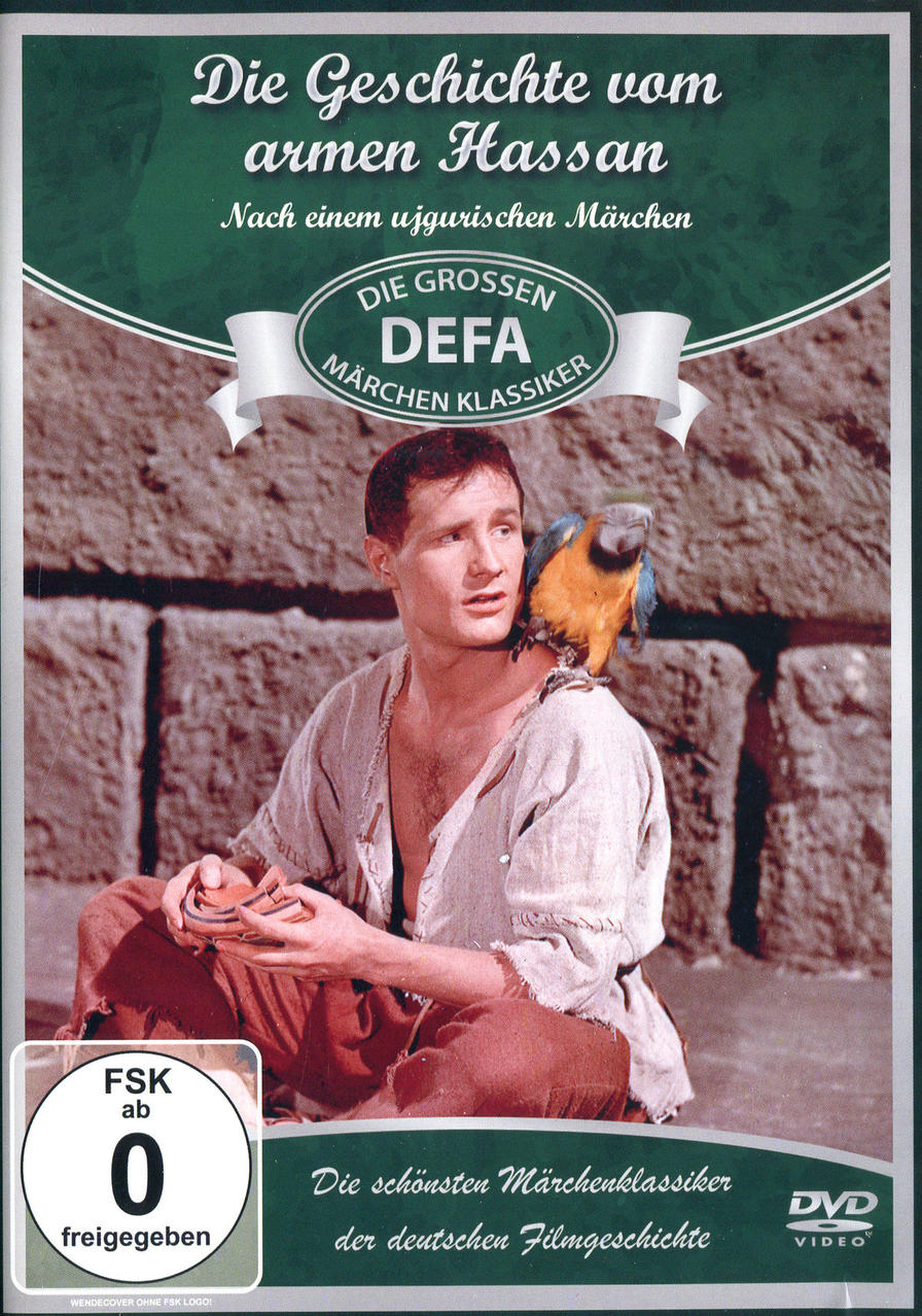 DVD-Cover mit einem Mann und einem Papagei. Text auf Deutsch: Die Geschichte vom armen Hassan.