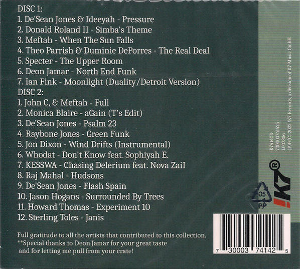 Rückseite einer CD-Hülle mit Songtiteln und Credits in weißem Text auf dunkelbraunem und grünem Hintergrund.