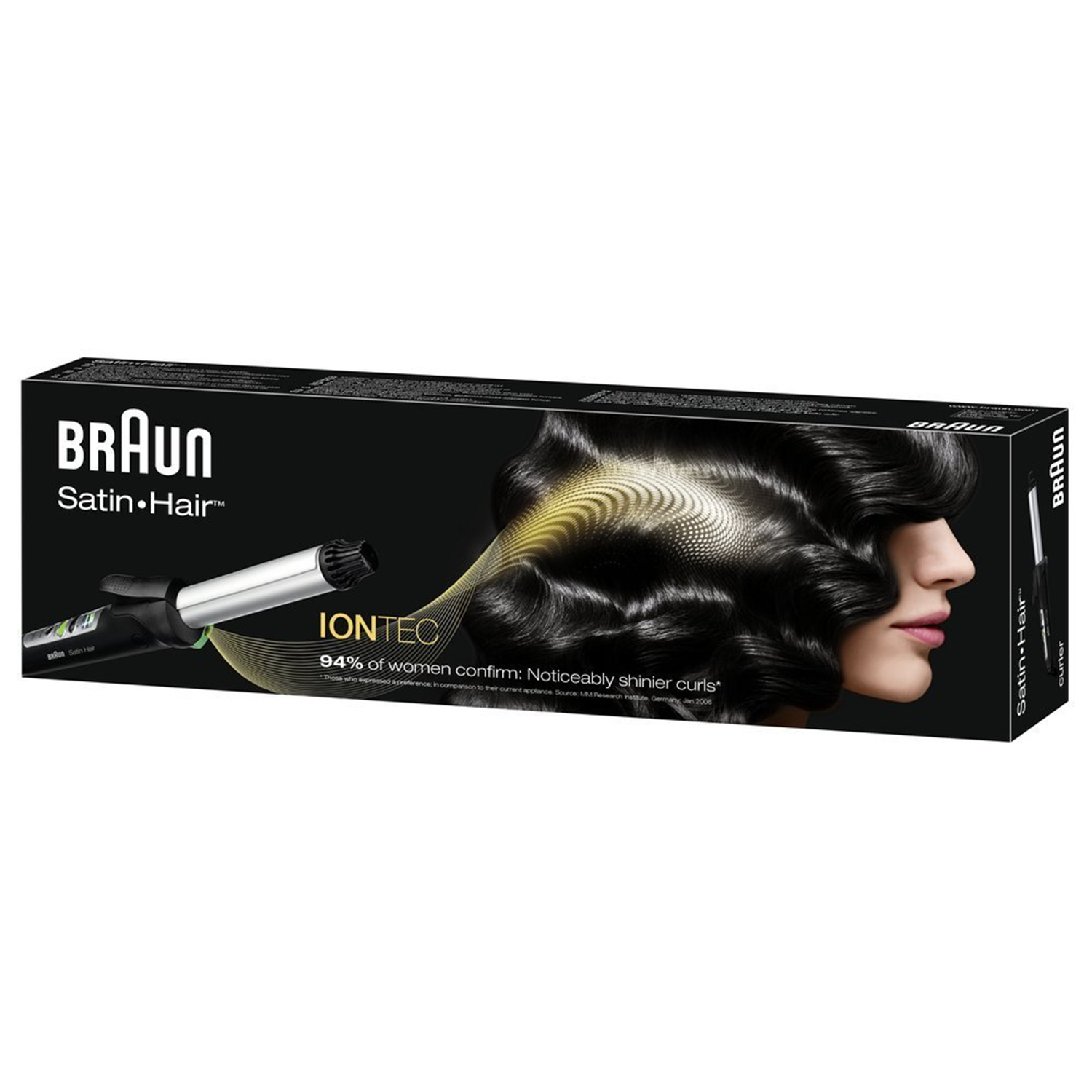Bir Braun Satin Hair maşa kutusu. Parlak bukleli bir kadın gösteriliyor. IonTec'ten bahsediliyor.