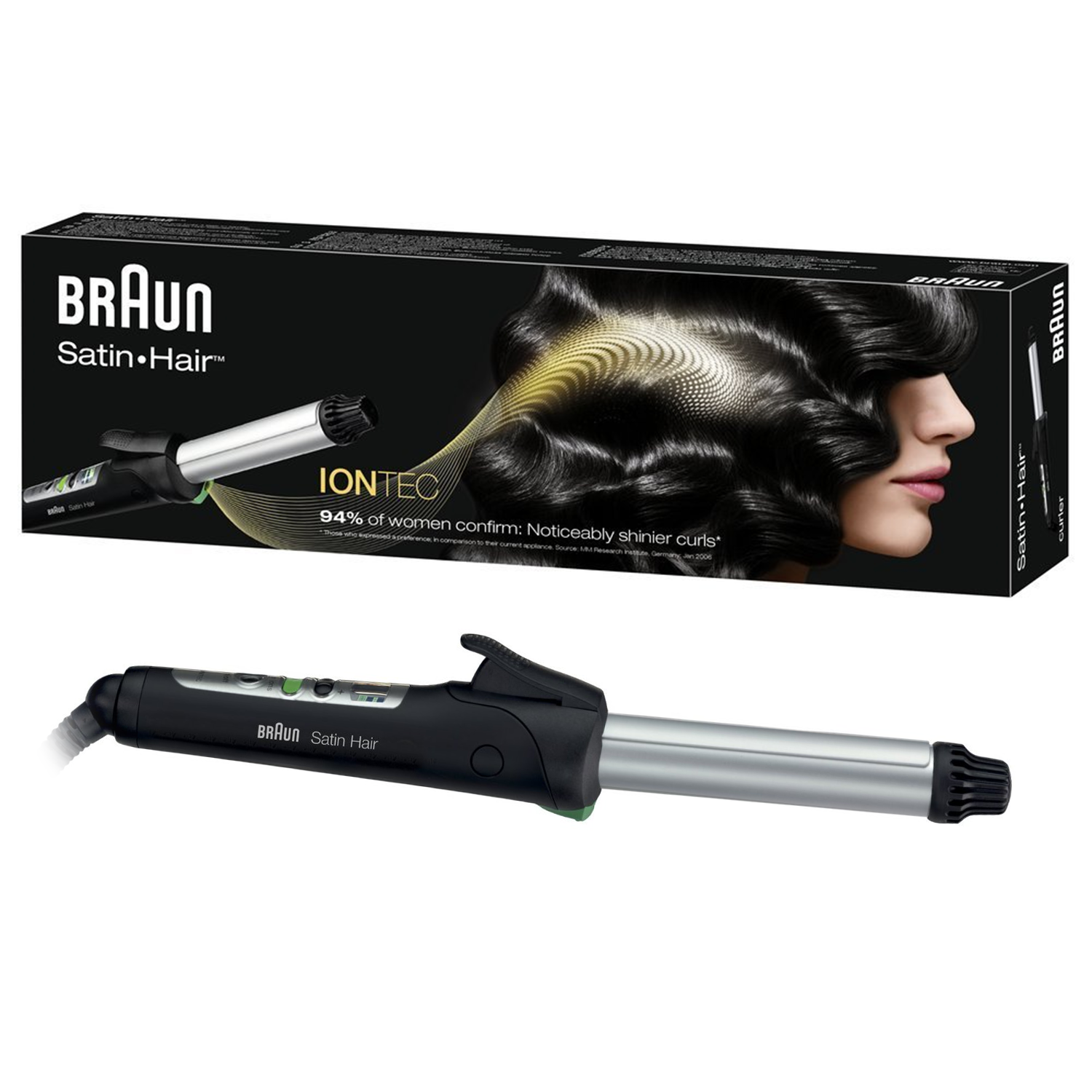 Braun Satin Hair kıvırcıklaştırıcı, kıvırcık saçlı bir kadını gösteren kutunun önünde.