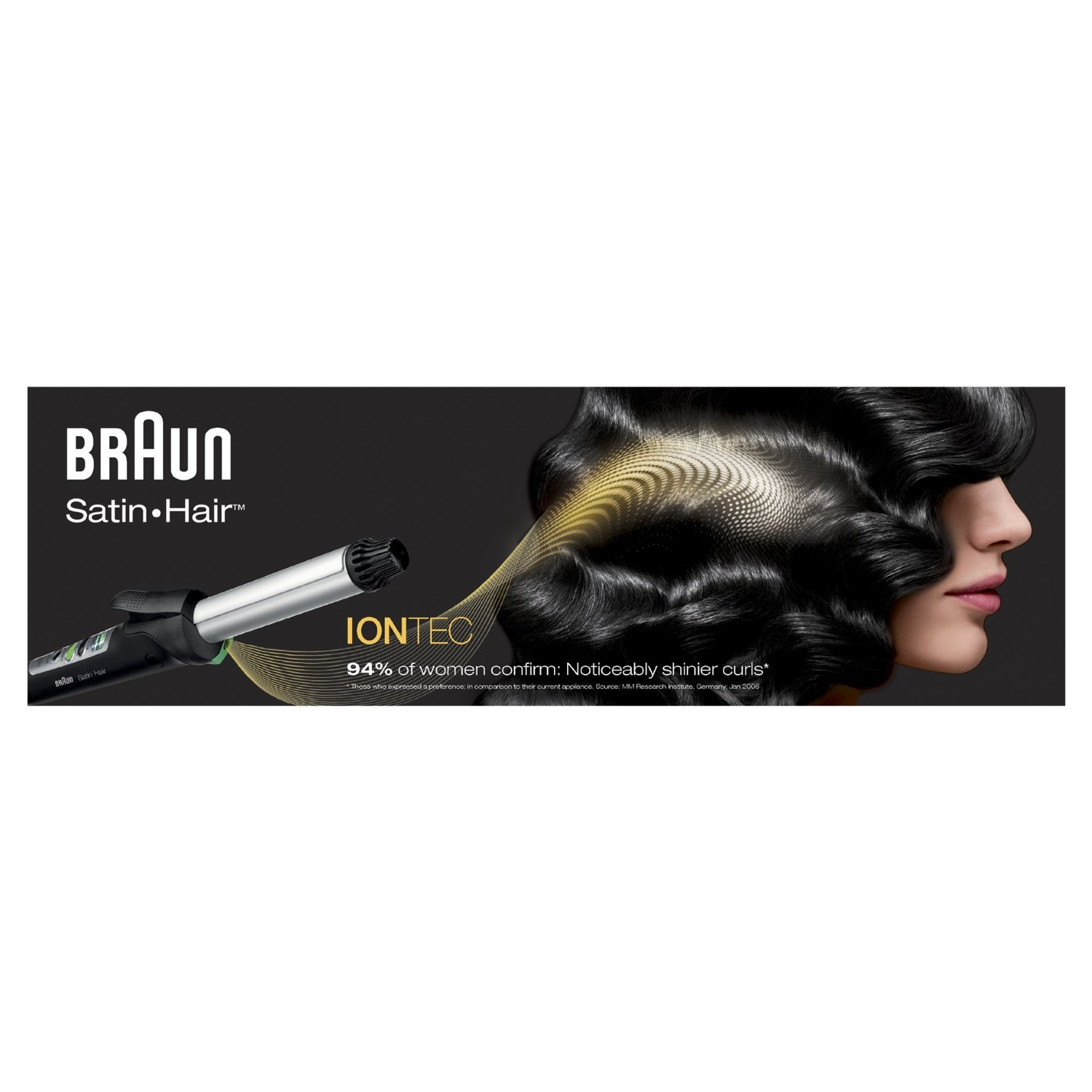 Braun Satin Hair kıvırcıklaştırıcı, kıvırcık saçlı bir kadın ve IONTEC metniyle.