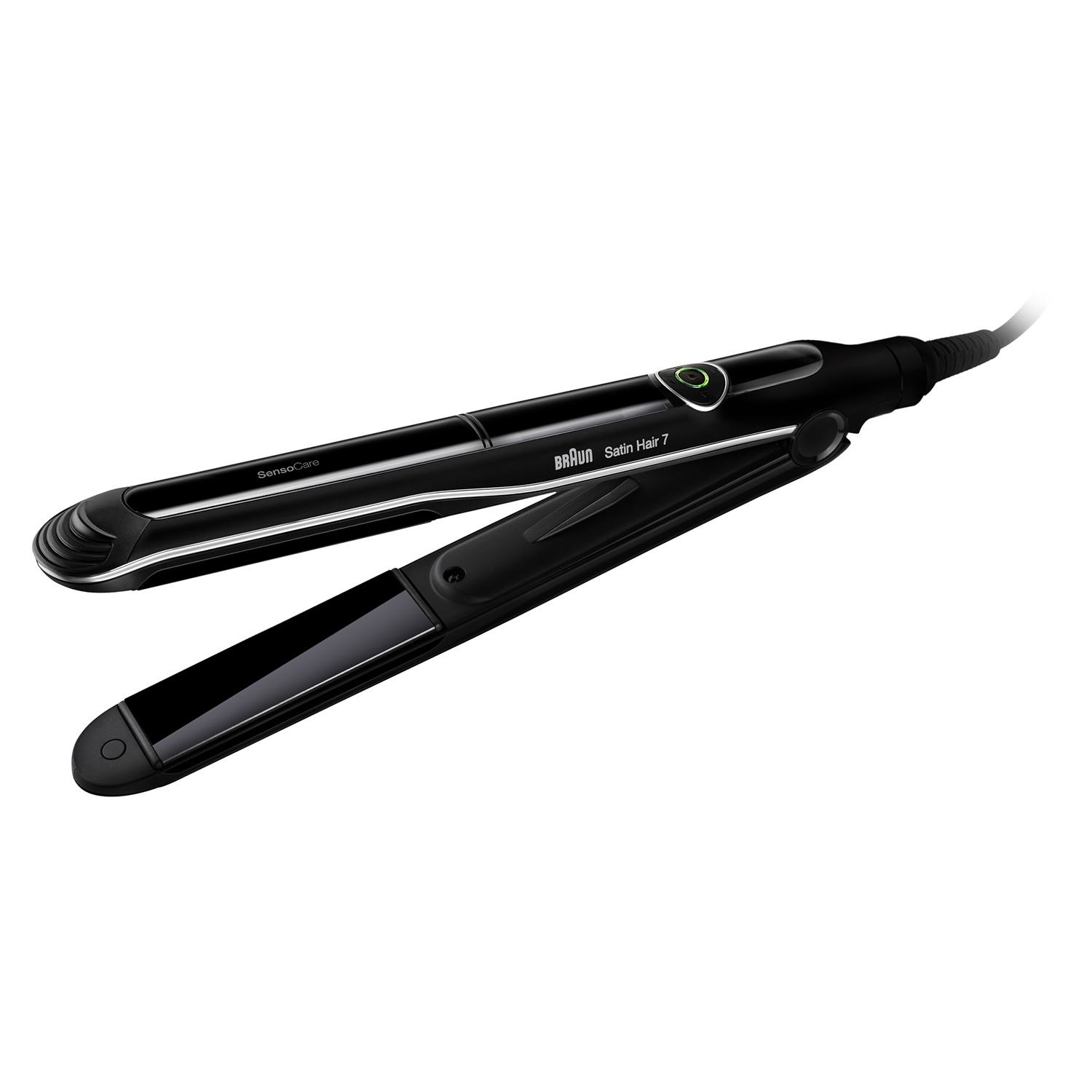 Beyaz zemin üzerinde siyah saç düzleştirici. Açık durumda. Marka Braun Satin Hair 7.