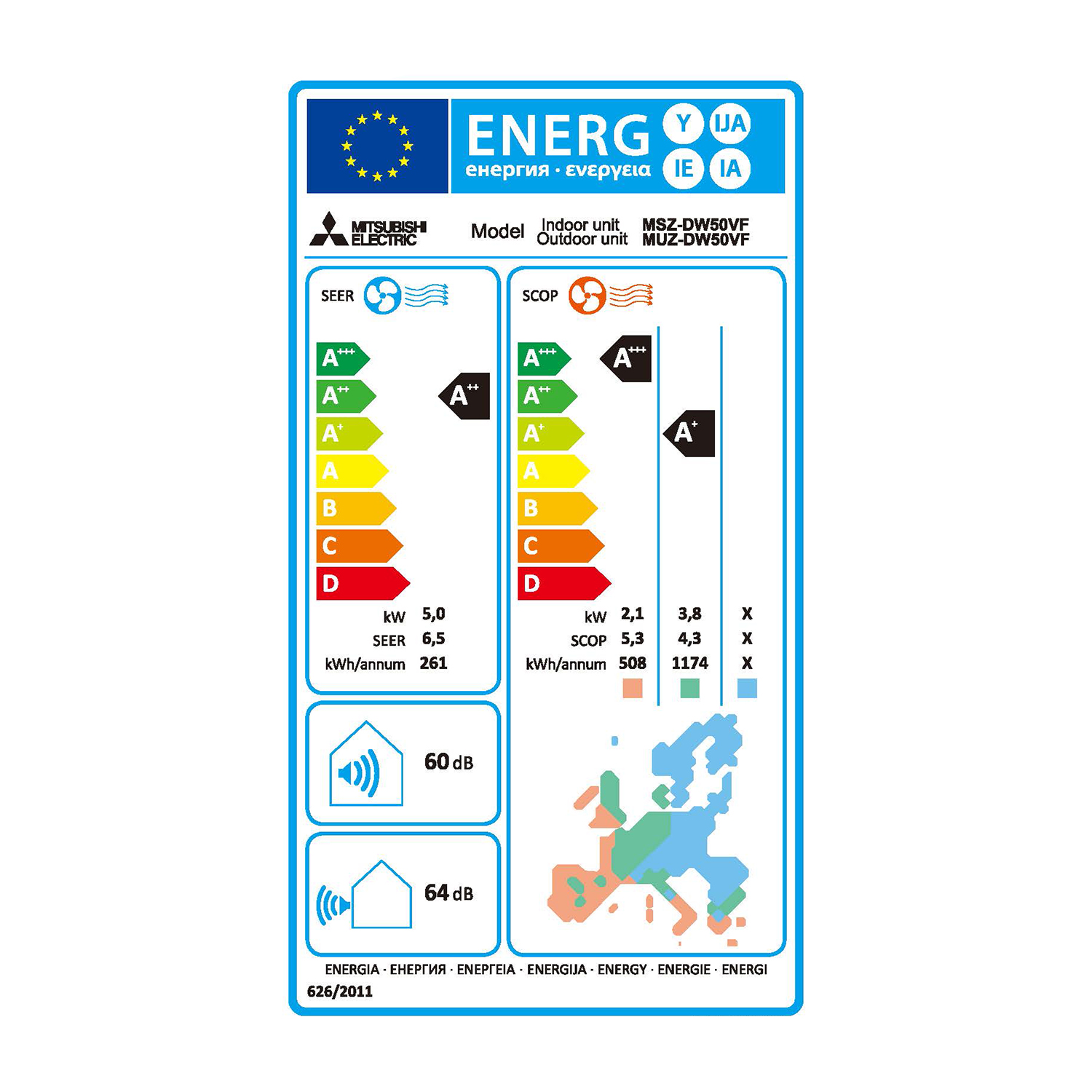Etichetta efficienza energetica con valutazioni per unità interna ed esterna.