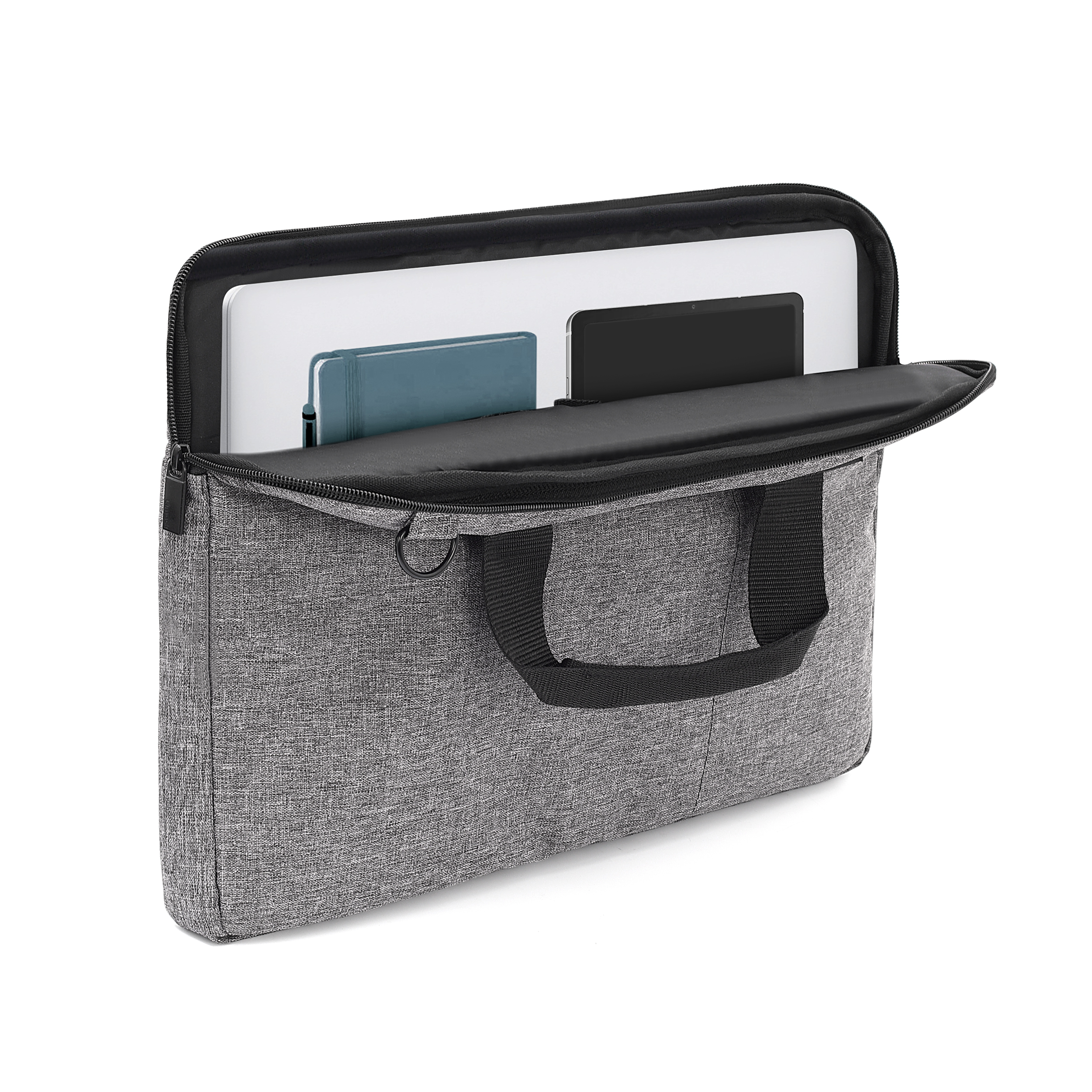 İçinde bir dizüstü bilgisayar, tablet ve not defteri bulunan açık gri dizüstü bilgisayar çantası.