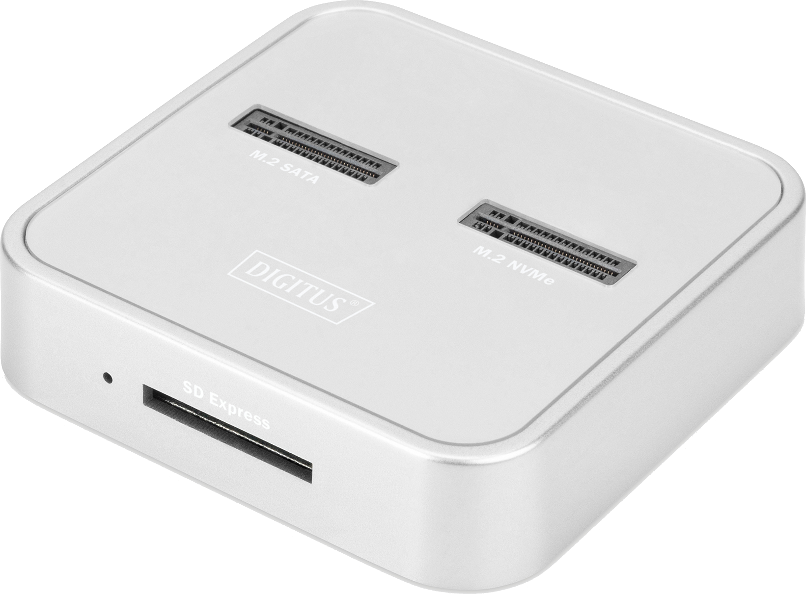Silberner Digitus M.2 SATA/NVMe SD Express Adapter, isoliert auf Schwarz.