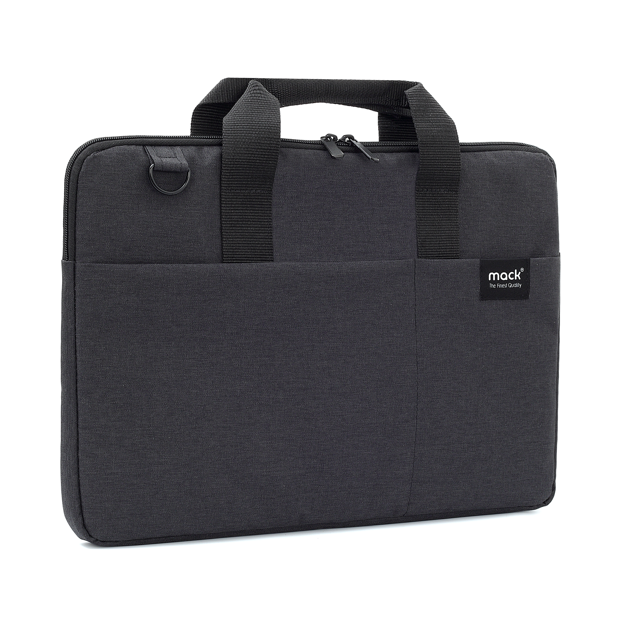 Koyu gri laptop çantası, beyaz zemin üzerinde saplar, fermuar ve küçük bir logo.