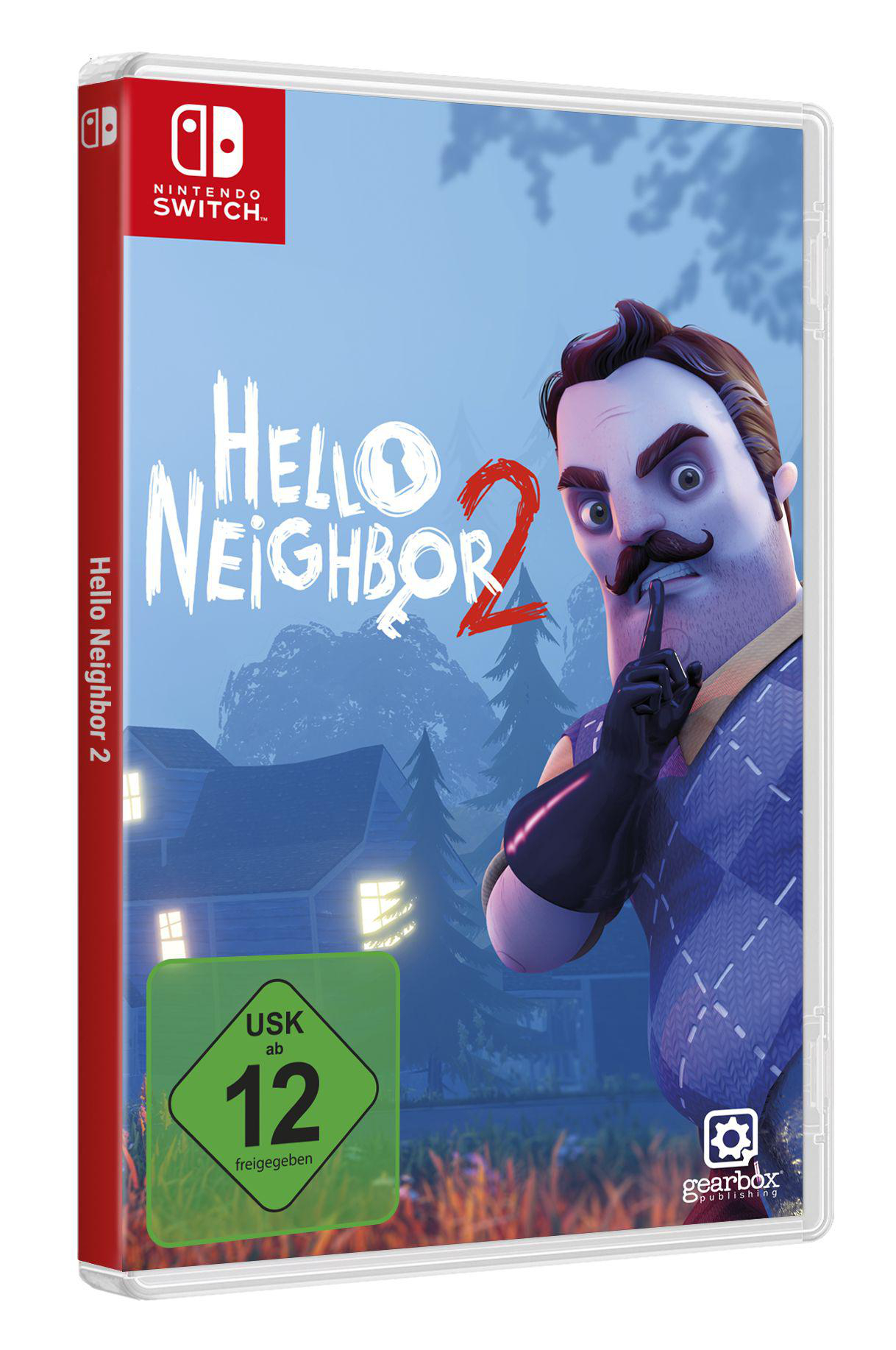 Hello Neighbor 2 Spielbox. Cartoon-Figur mit Finger am Mund auf dem Cover.