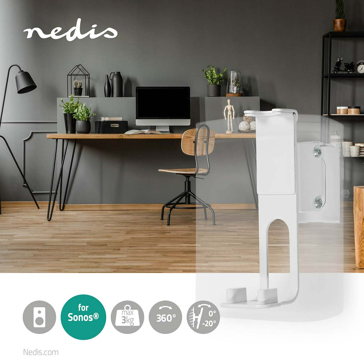 Weisse Lautsprecherhalterung mit Sonos-Symbolen, 360 Grad und Gewichtsbegrenzung.