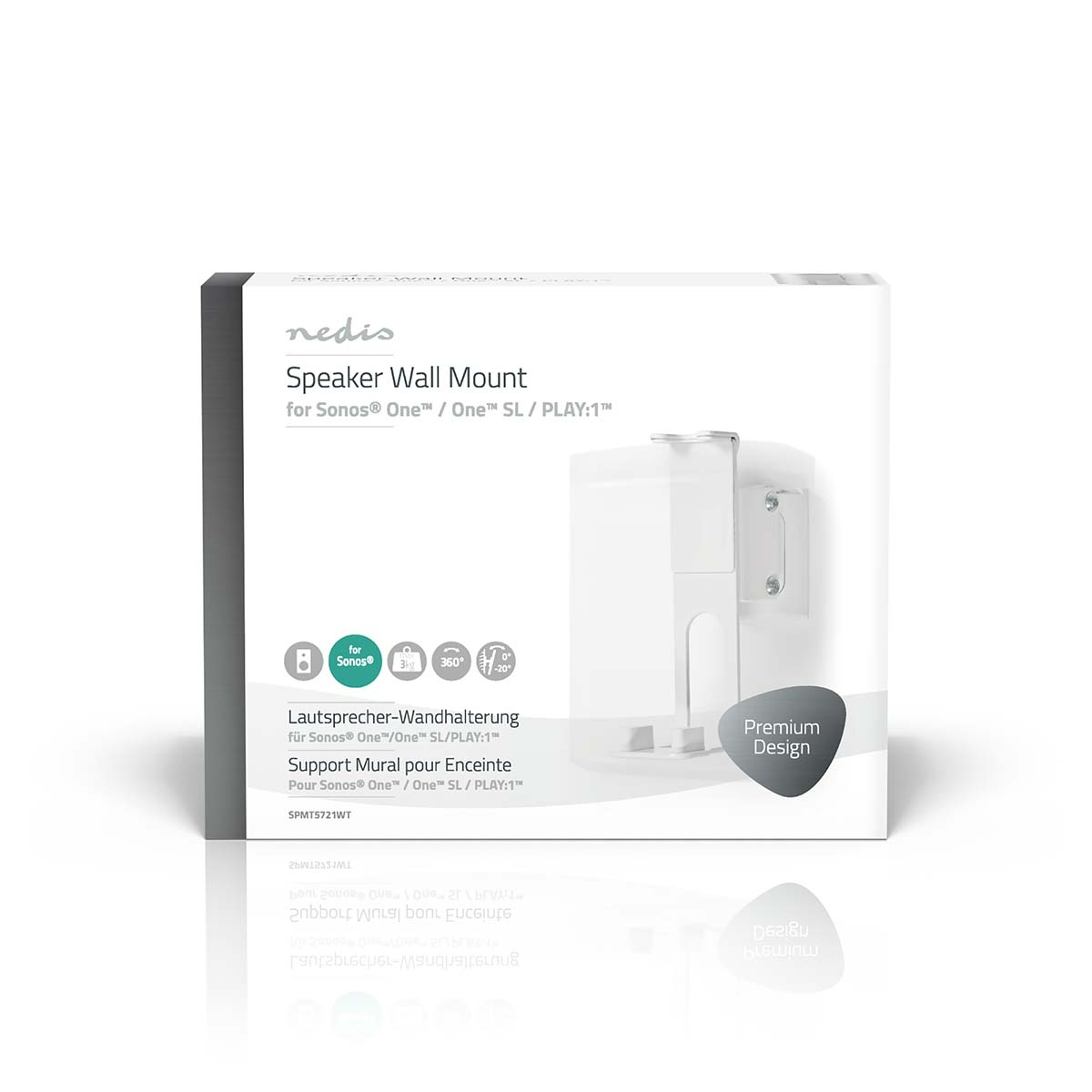 Weiße Box mit Lautsprecher-Wandhalterung. Text: Speaker Wall Mount für Sonos One/SL/PLAY:1.
