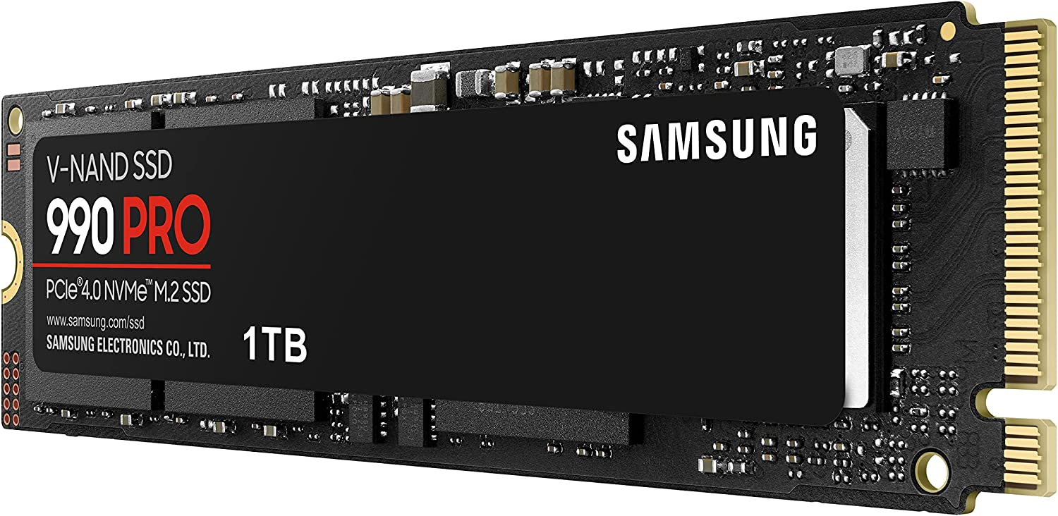 Un SSD Samsung negro con el texto "990 PRO" y "1TB".