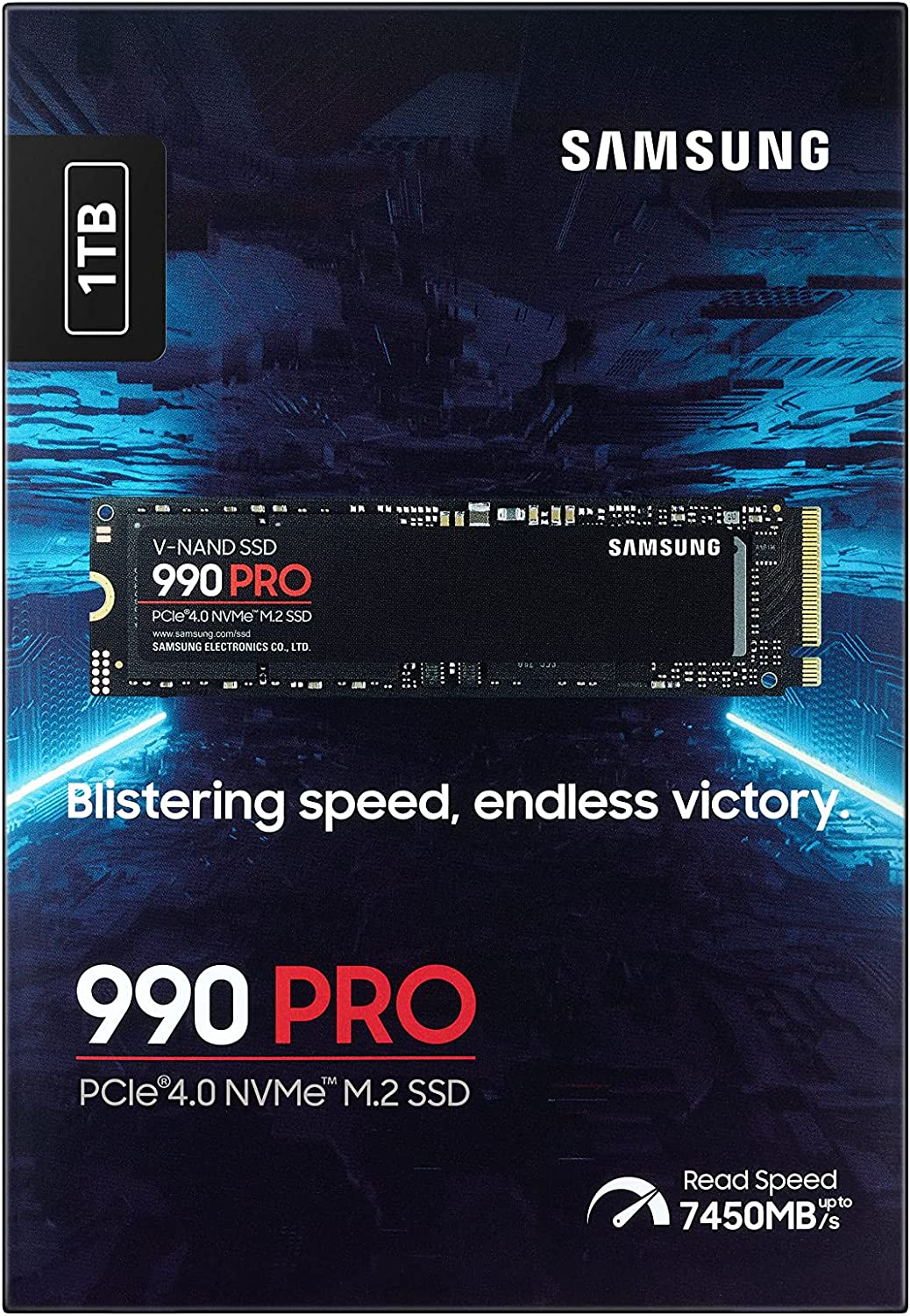Un SSD NVMe negro y plateado con texto que dice '990 PRO' y 'SAMSUNG' con un fondo azul.