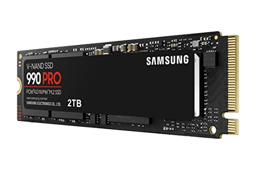 SSD Samsung 990 PRO negra de 2TB, con marca en la superficie.