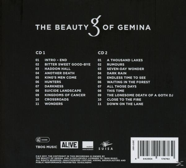 Rückseite eines Musikalbums, weißer Text auf schwarzem Hintergrund, Songtitel aufgelistet. Album ist 'The Beauty of Gemina'.