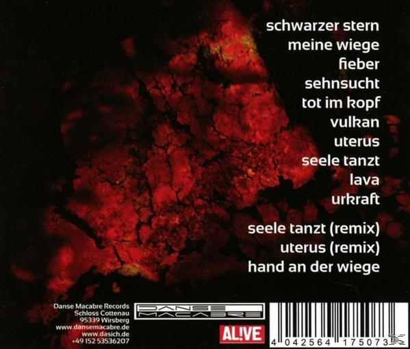 Ein CD-Cover mit Text in Deutsch auf dunklem roten Hintergrund. Das Logo ist schwarz.