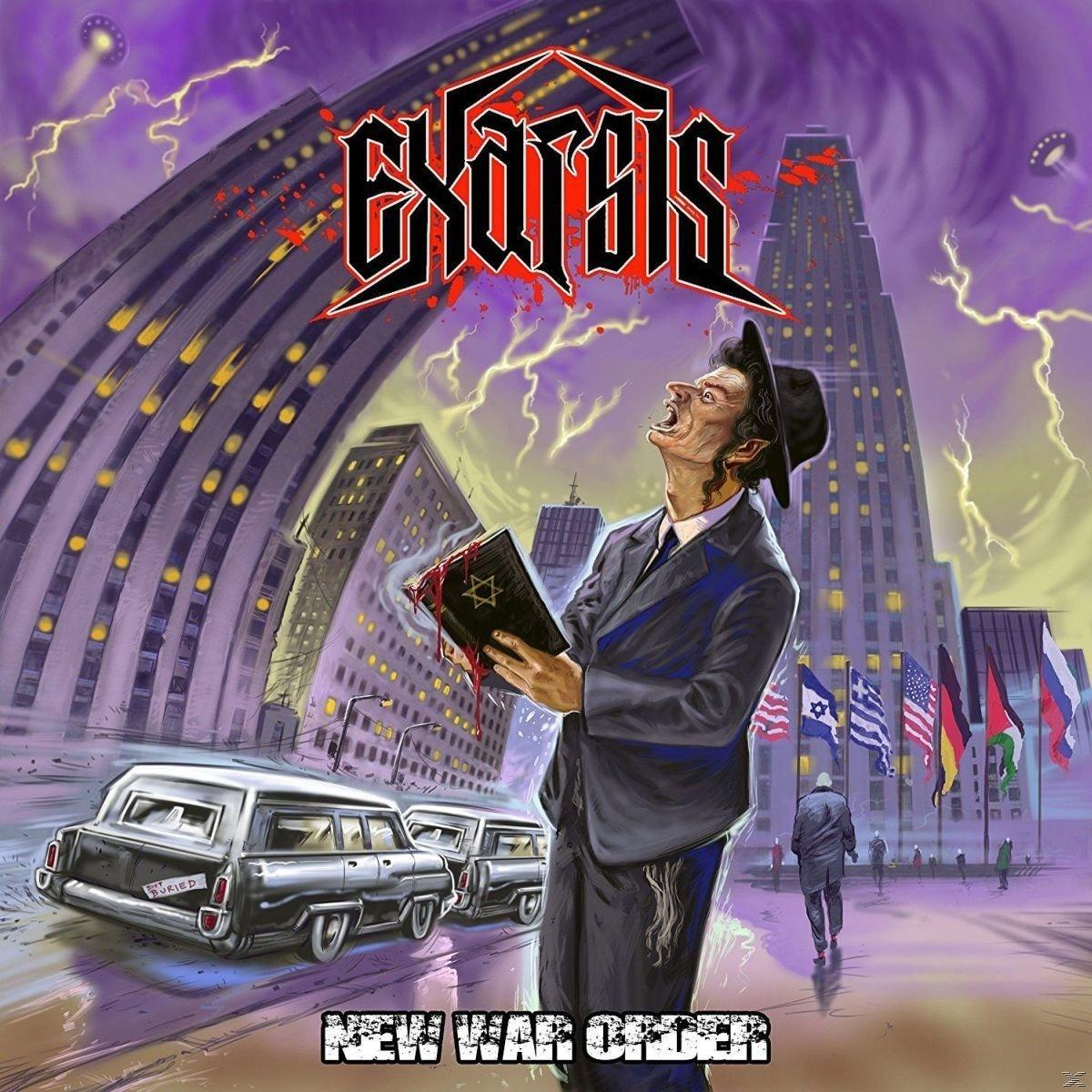 Albumcover: Mann im Anzug hält Buch, Titel 'New War Order', Bandname 'Exodus', Stadtbild im Hintergrund.