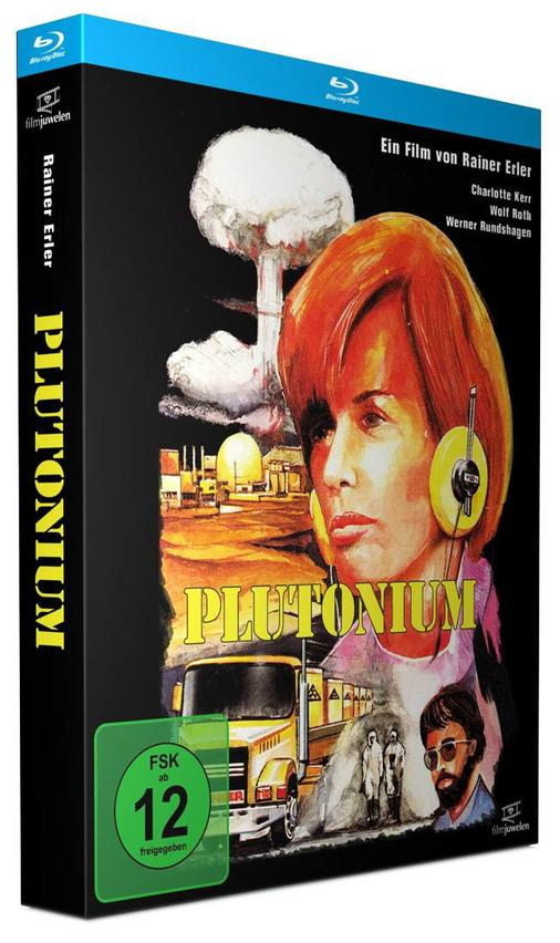 Ein Filmcover für „Plutonium“ zeigt eine Frau mit orangefarbenem Haar, ein Fahrzeug und eine Atompilzwolke.