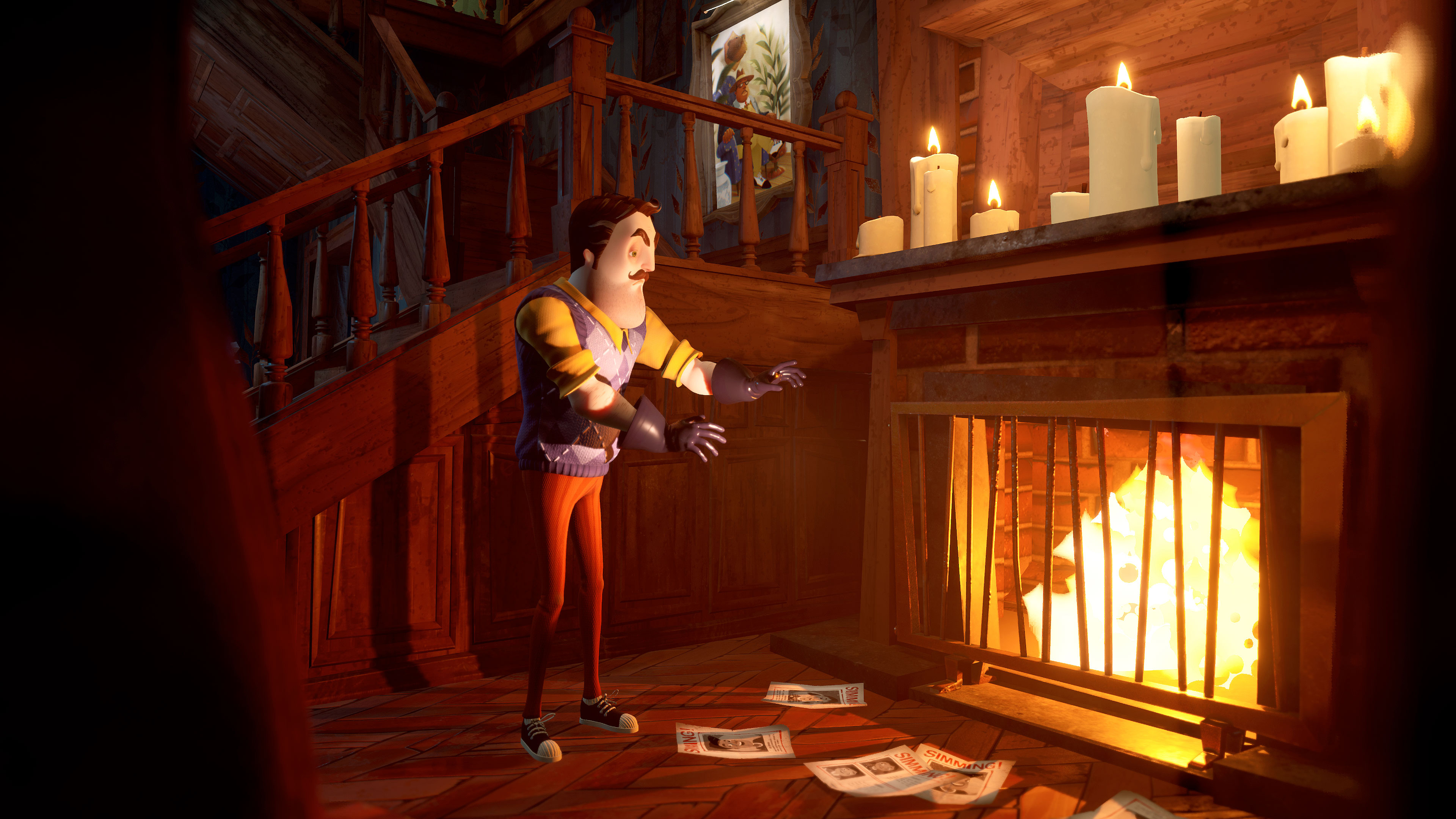 Ein Mann in einem Haus mit Feuer im Kamin. Eine Treppe im Hintergrund.