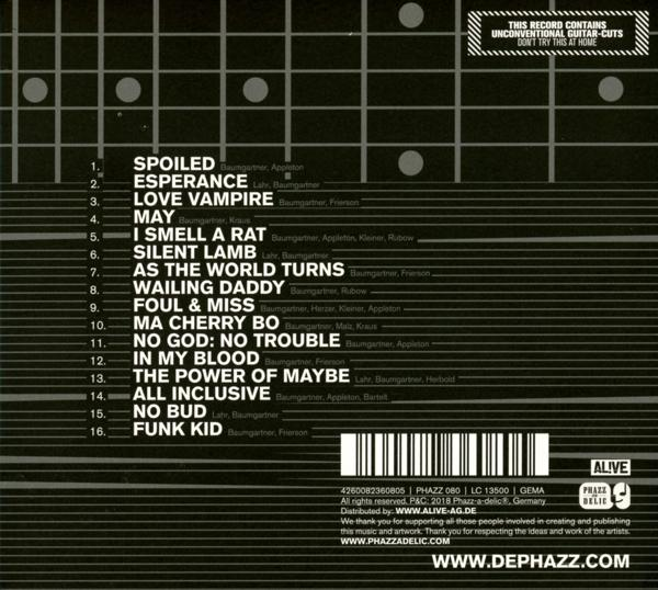 Rückseite eines CD-Covers mit Songtiteln und Text. Grauer Hintergrund.