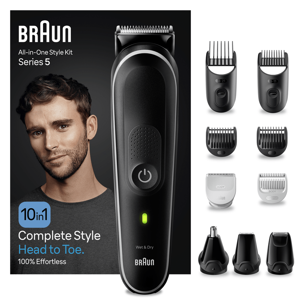 Kit de estilo todo en uno Braun con un hombre a la izquierda y accesorios a la derecha. El kit es negro.