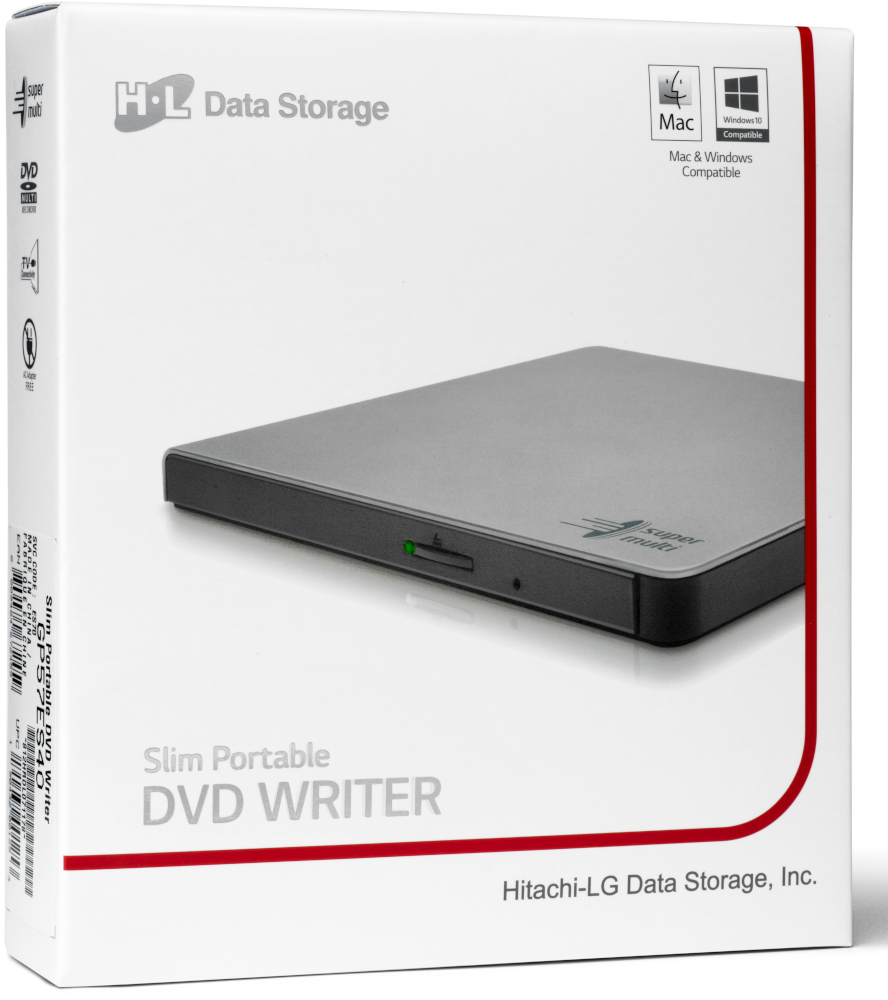 A DVD writer box. It is a slim, portable DVD writer in a white box.