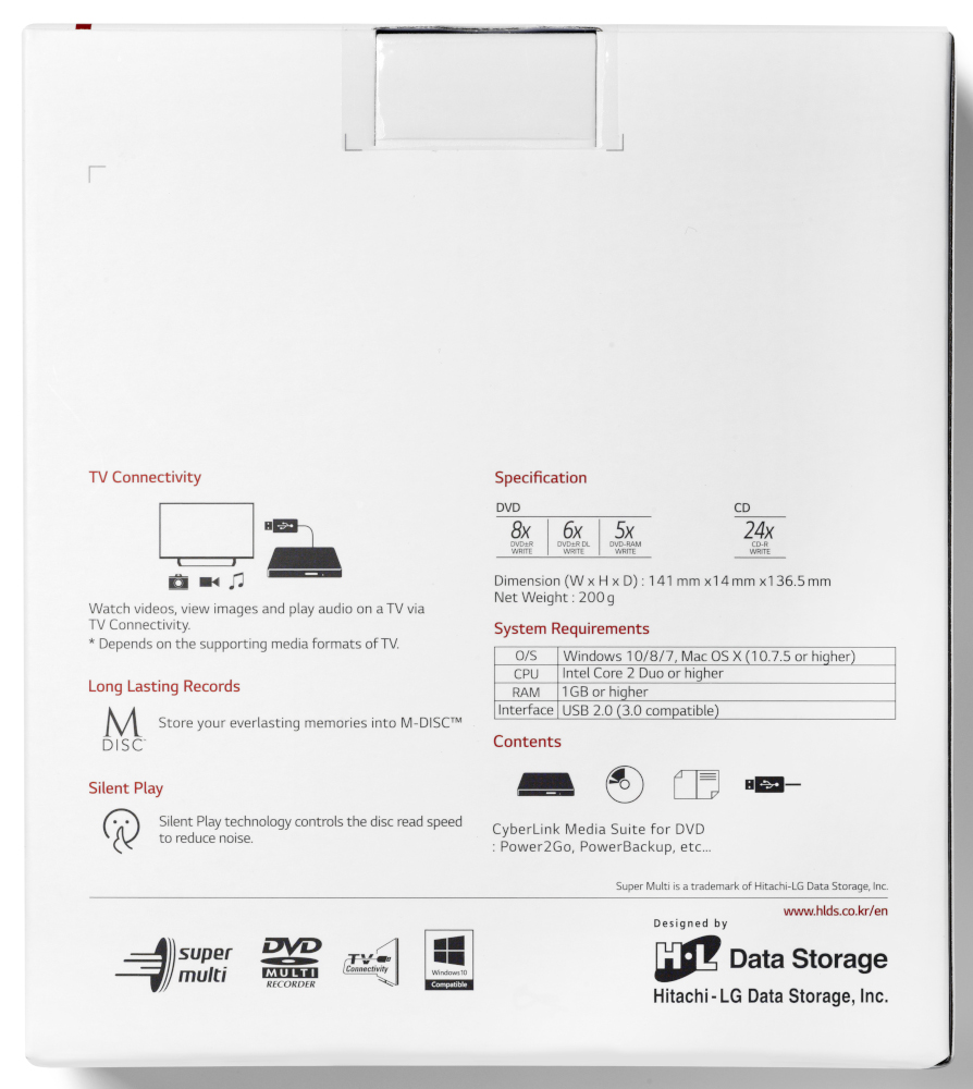 White box of a DVD player with specifications and system requirements. The box is white with black text and icons.