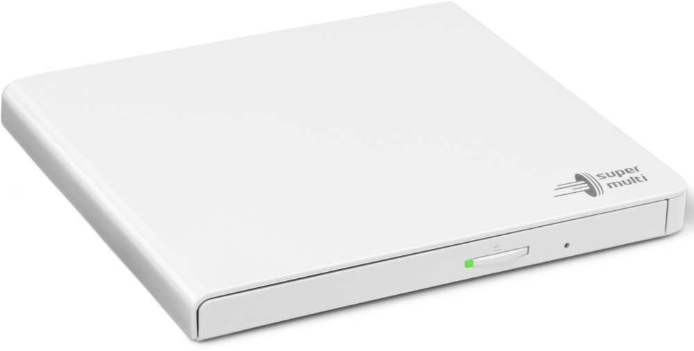 White external Super Multi drive.  Has a power button and a small light.